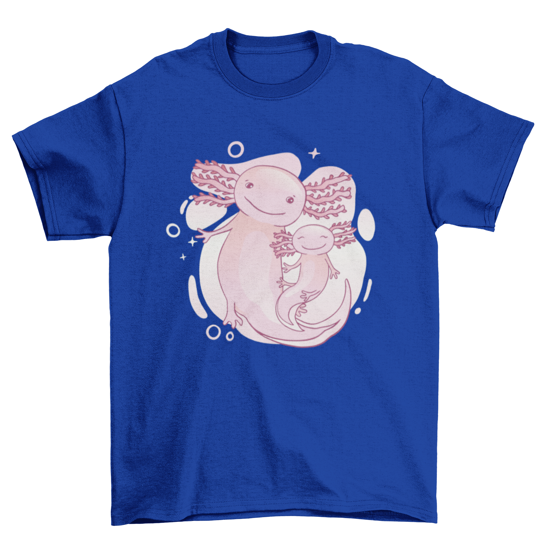 A cute family of axolotls illustrated on a t-shirt, showcasing their playful nature.