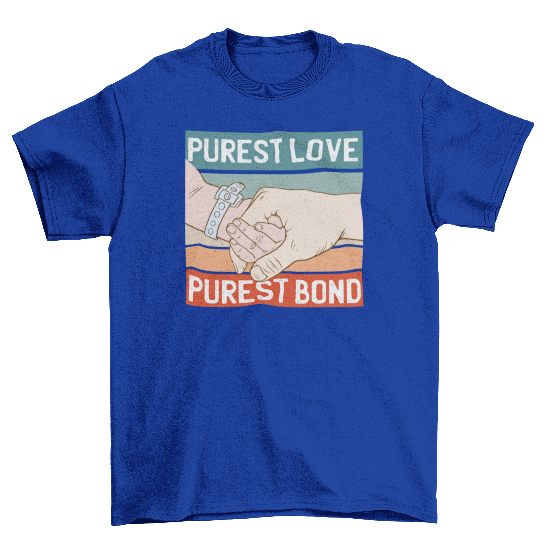 Family bond baby quote t-shirt featuring a baby holding hands with a parent and the quote 'Purest love, purest bond'.