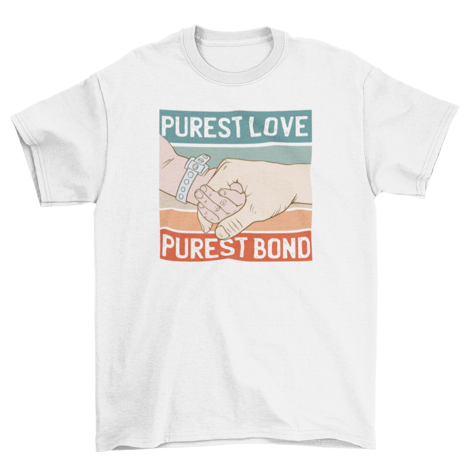 Family bond baby quote t-shirt featuring a baby holding hands with a parent and the quote 'Purest love, purest bond'.