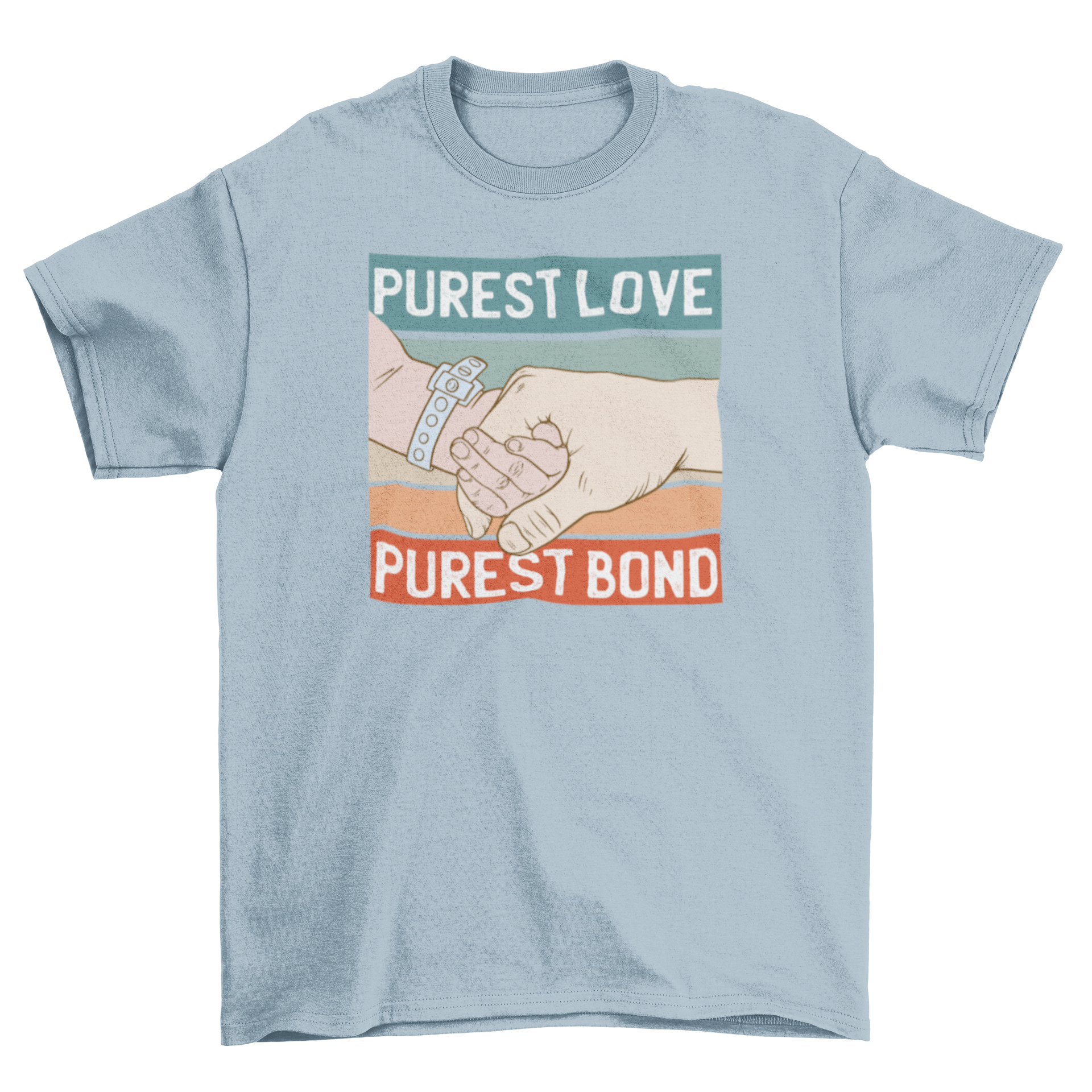 Family bond baby quote t-shirt featuring a baby holding hands with a parent and the quote 'Purest love, purest bond'.