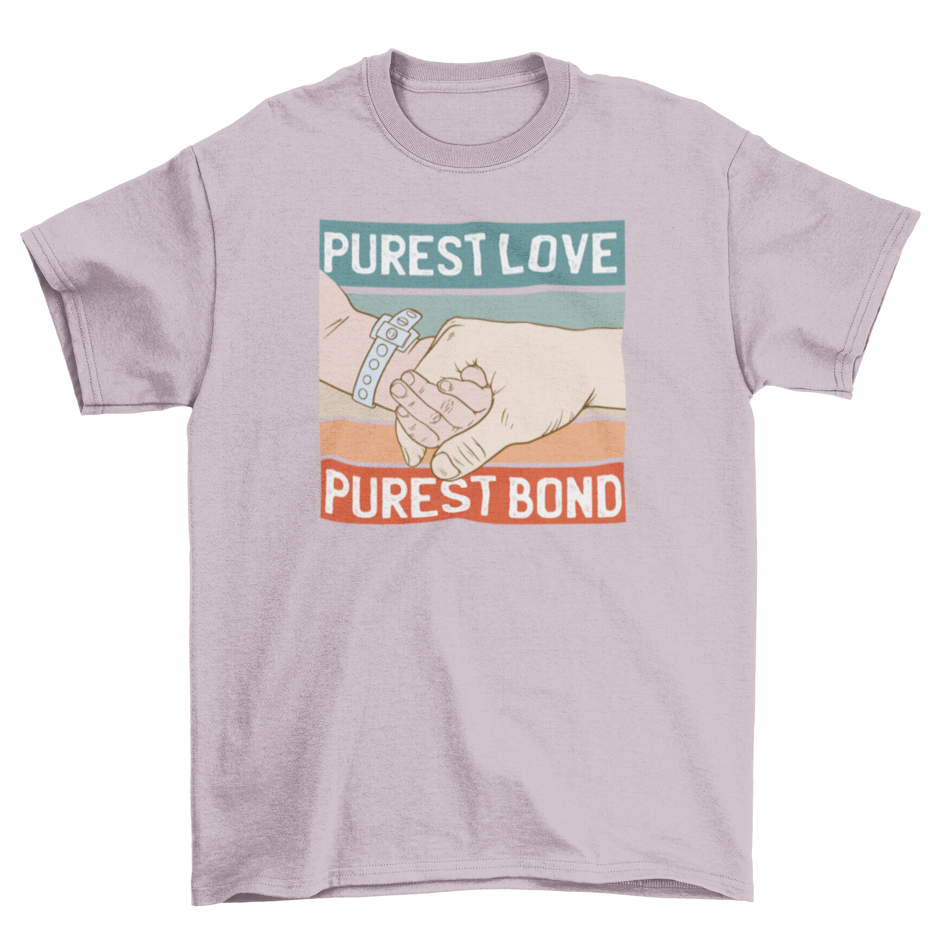 Family bond baby quote t-shirt featuring a baby holding hands with a parent and the quote 'Purest love, purest bond'.