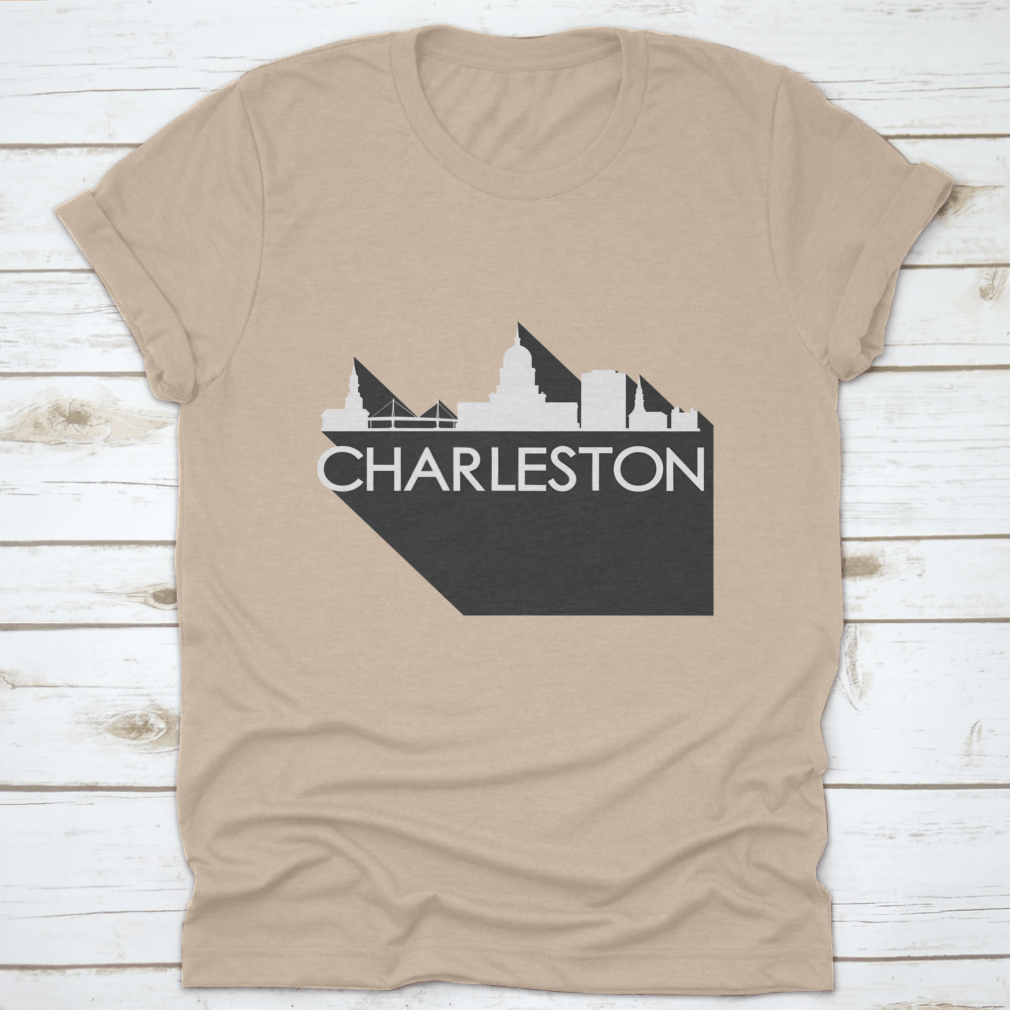 White t-shirt featuring a flat icon skyline silhouette of famous buildings in Charleston, showcasing a stylish design.