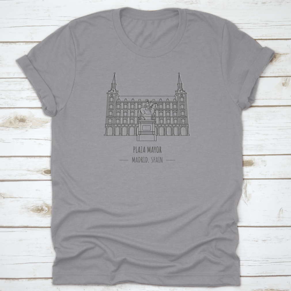 A comfortable cotton t-shirt featuring the iconic Plaza Mayor in Madrid, Spain, showcasing its vibrant architecture.