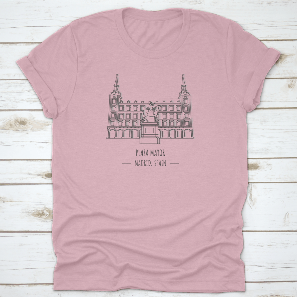 A comfortable cotton t-shirt featuring the iconic Plaza Mayor in Madrid, Spain, showcasing its vibrant architecture.