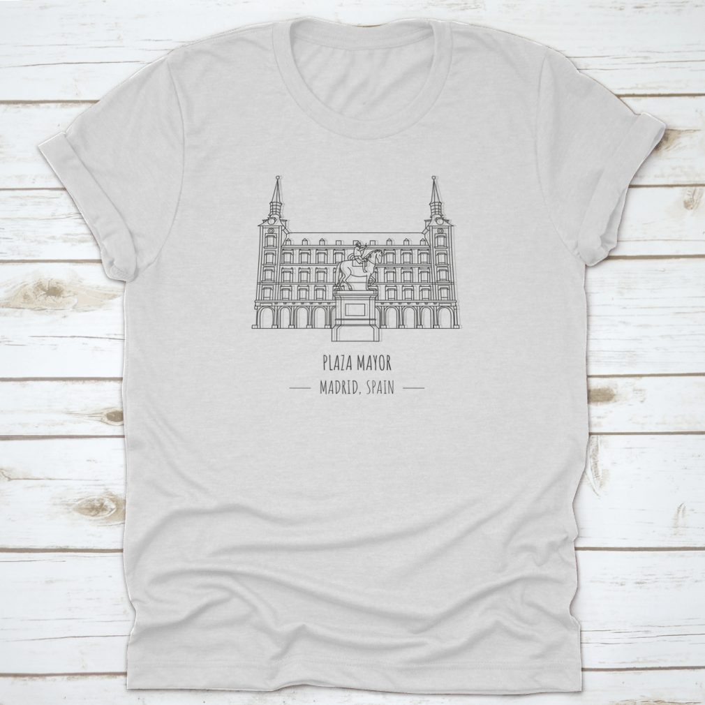 A comfortable cotton t-shirt featuring the iconic Plaza Mayor in Madrid, Spain, showcasing its vibrant architecture.