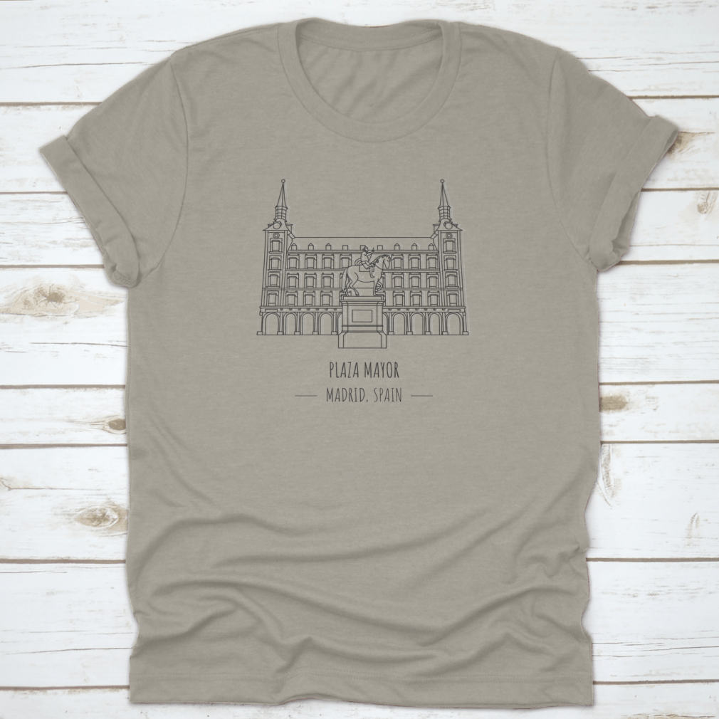 A comfortable cotton t-shirt featuring the iconic Plaza Mayor in Madrid, Spain, showcasing its vibrant architecture.