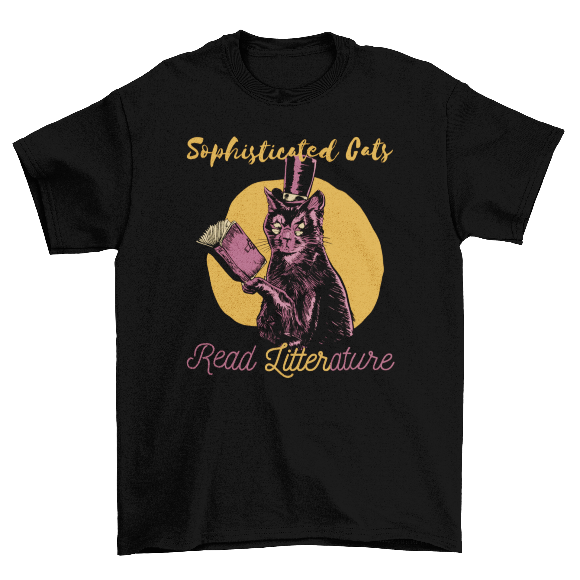 Fancy cat literature quote t-shirt featuring an elegant cat holding a book with the quote 'Sophisticated cats read LITTERature'.