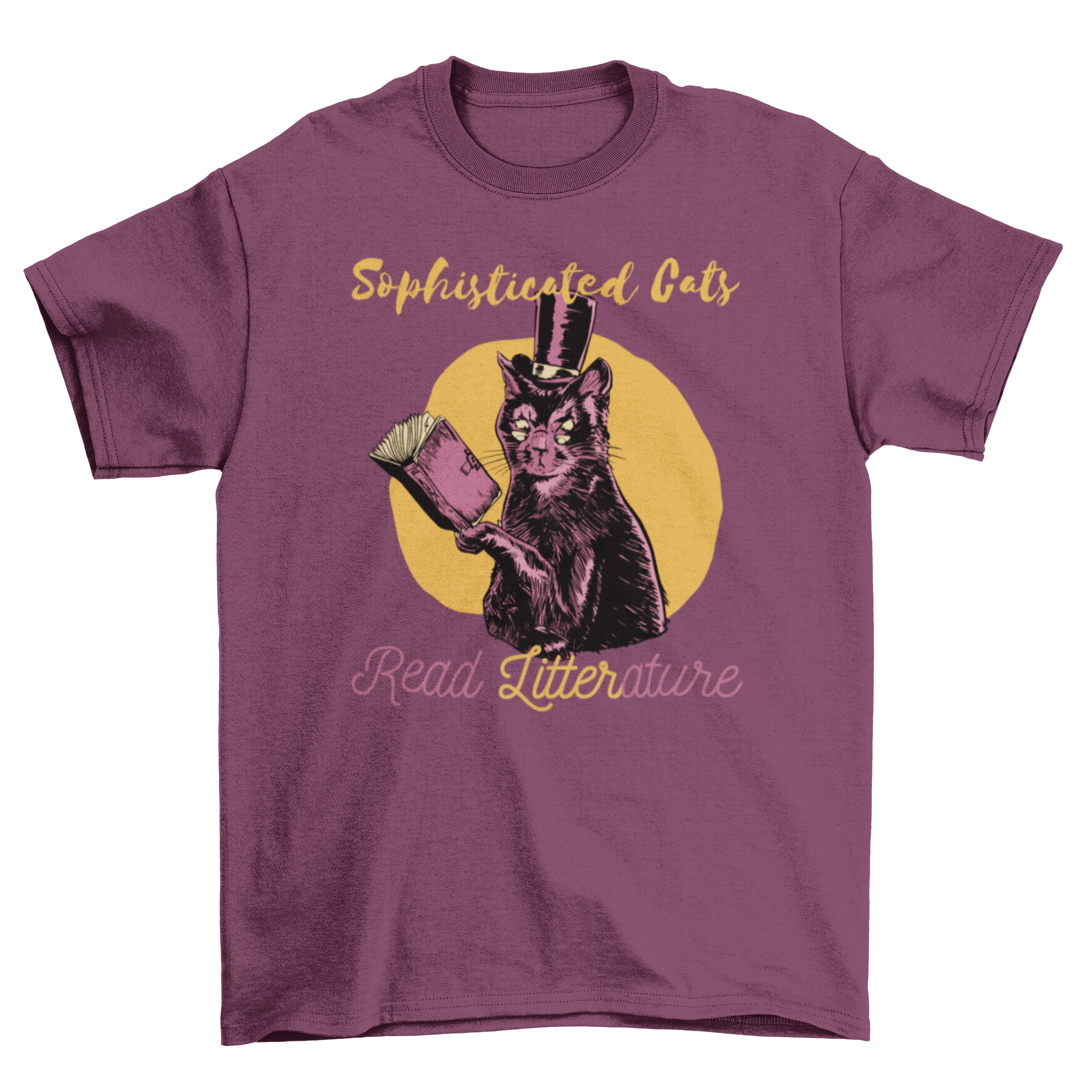 Fancy cat literature quote t-shirt featuring an elegant cat holding a book with the quote 'Sophisticated cats read LITTERature'.