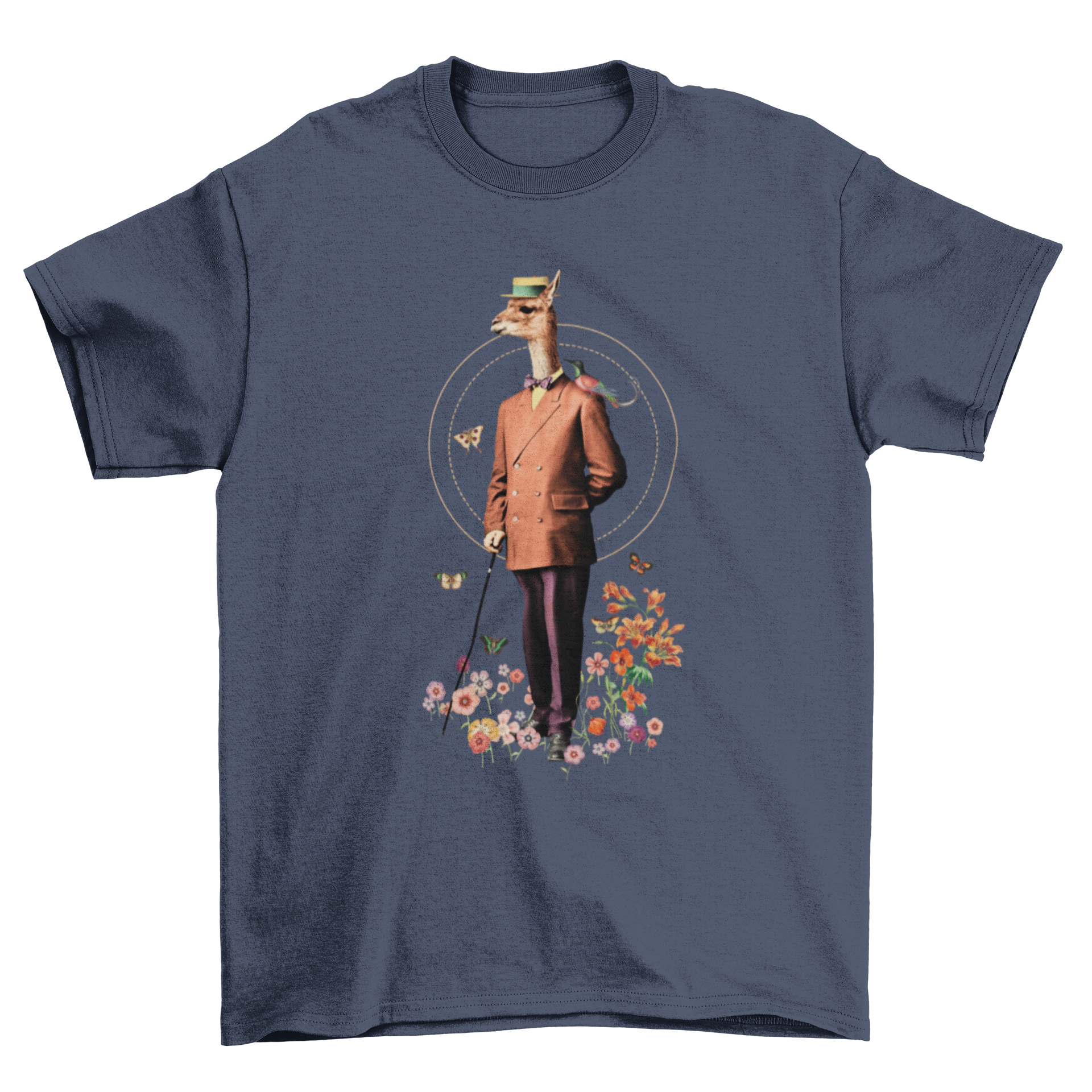 A whimsical t-shirt featuring a fancy llama in colorful attire surrounded by flowers and butterflies in a natural setting.