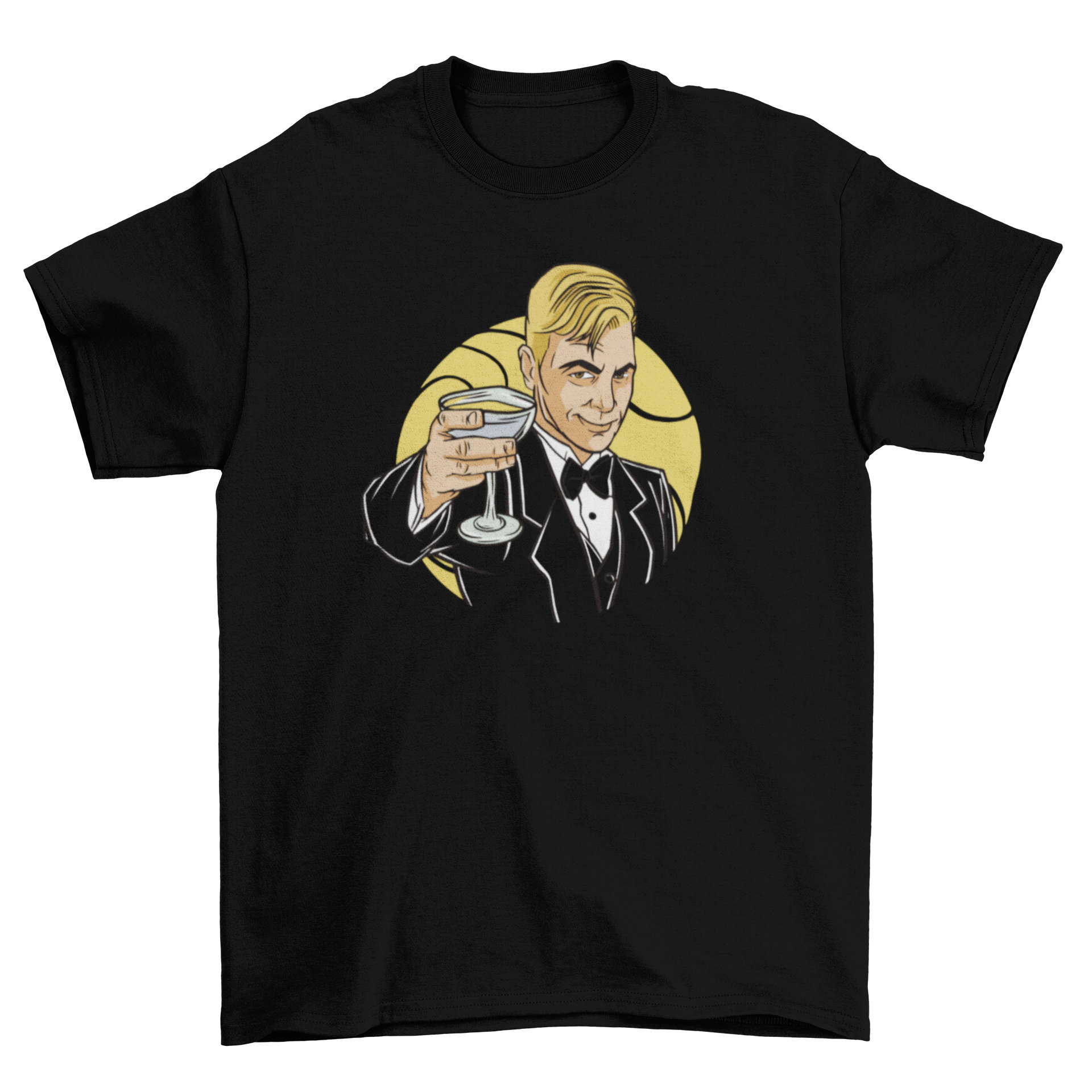 Stylish t-shirt featuring a man in a fancy suit toasting with a cocktail glass, perfect for parties.