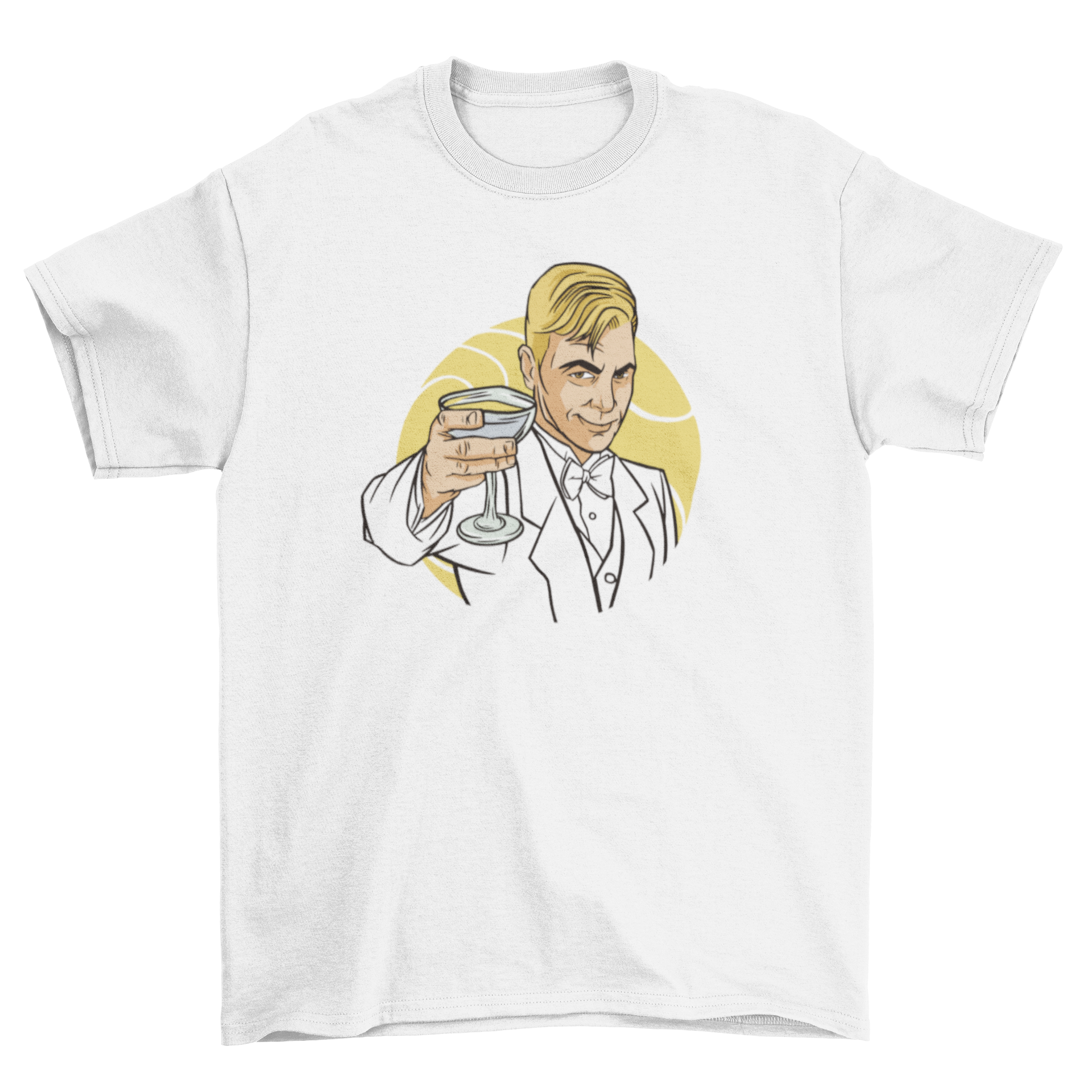 Stylish t-shirt featuring a man in a fancy suit toasting with a cocktail glass, perfect for parties.