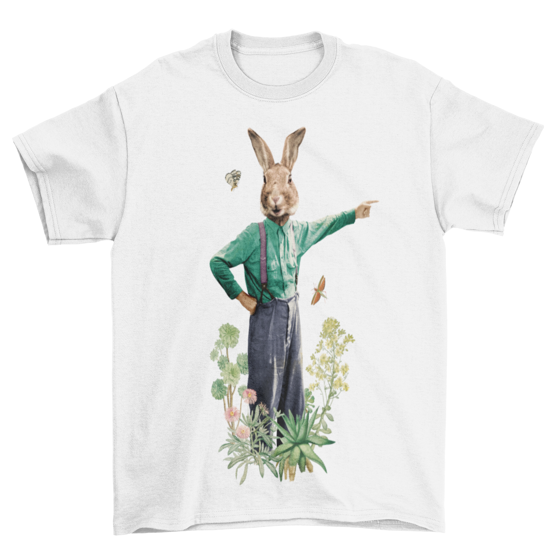 A stylish t-shirt featuring a fancy rabbit in colorful clothes surrounded by vibrant flowers in a natural setting.