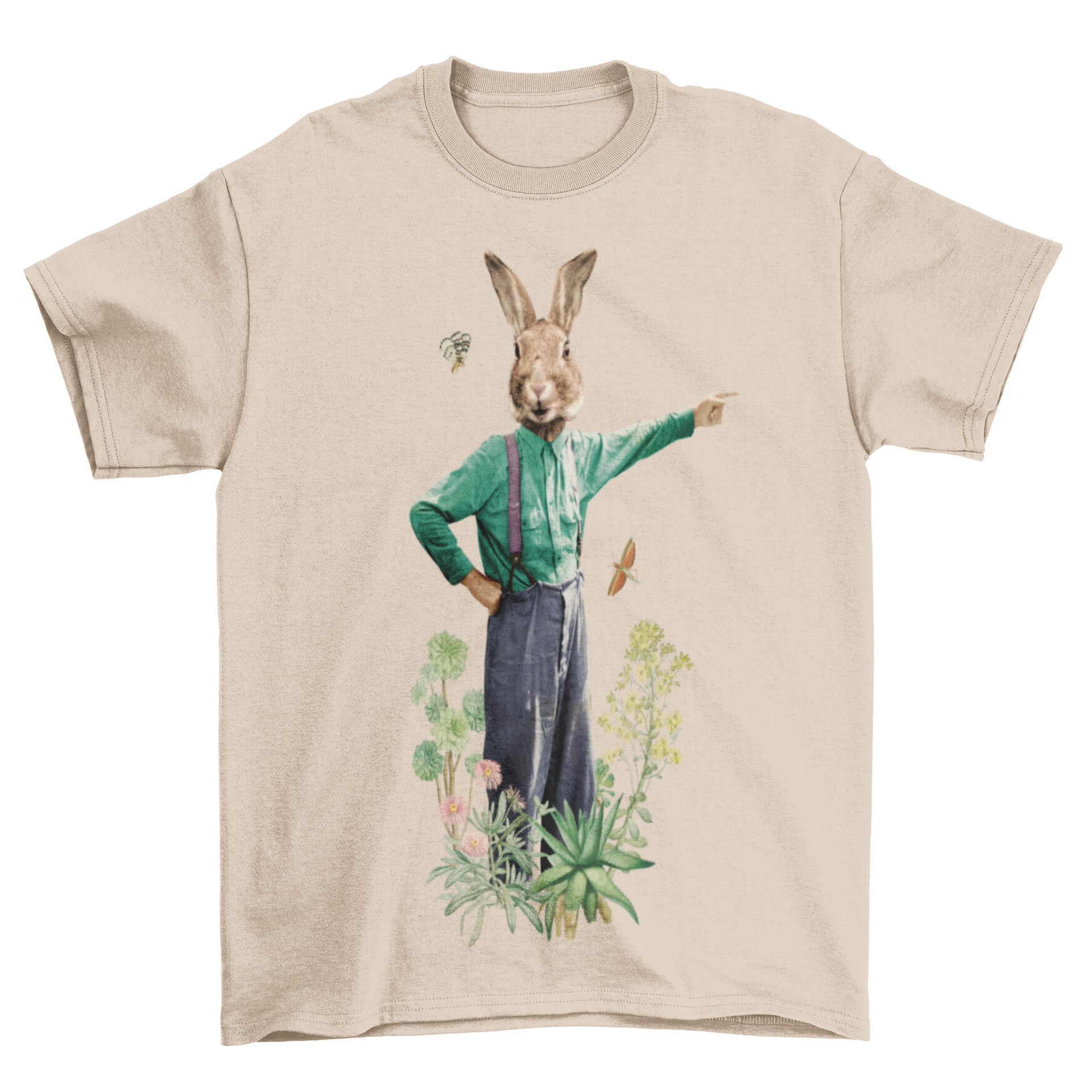 A stylish t-shirt featuring a fancy rabbit in colorful clothes surrounded by vibrant flowers in a natural setting.