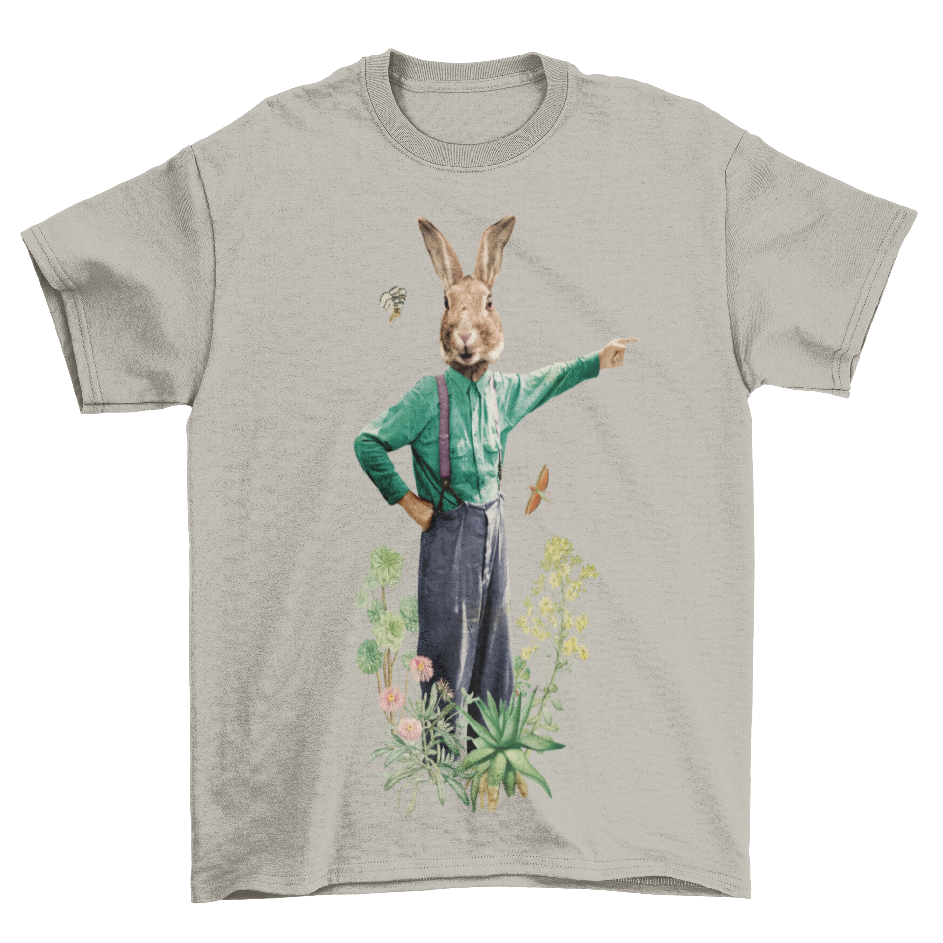 A stylish t-shirt featuring a fancy rabbit in colorful clothes surrounded by vibrant flowers in a natural setting.