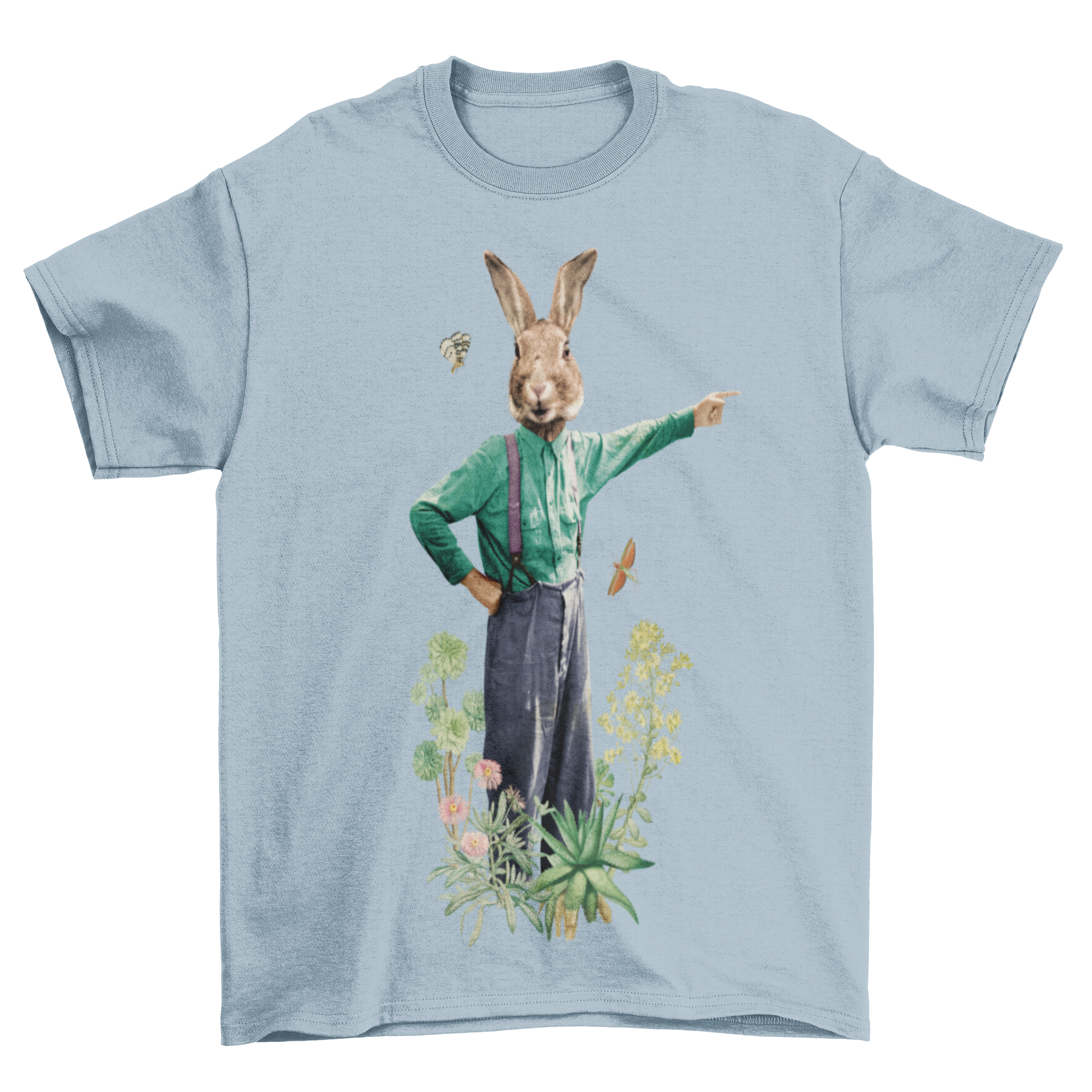 A stylish t-shirt featuring a fancy rabbit in colorful clothes surrounded by vibrant flowers in a natural setting.