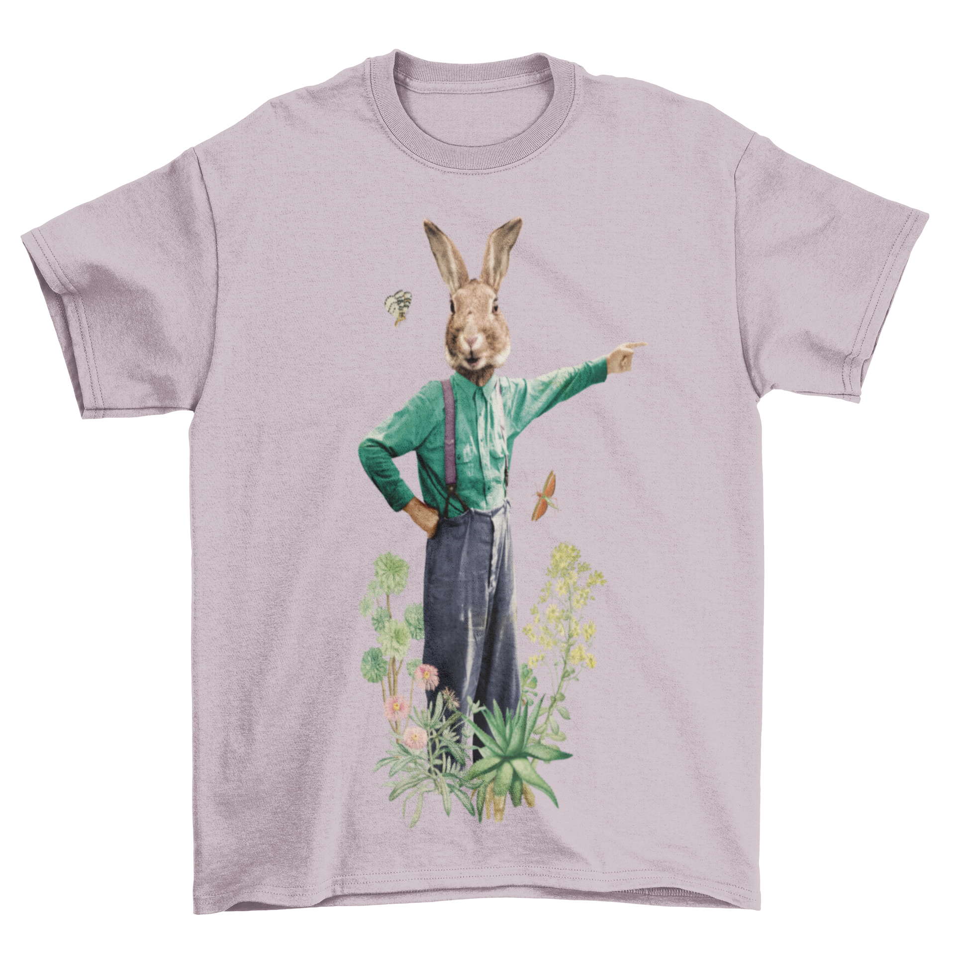 A stylish t-shirt featuring a fancy rabbit in colorful clothes surrounded by vibrant flowers in a natural setting.