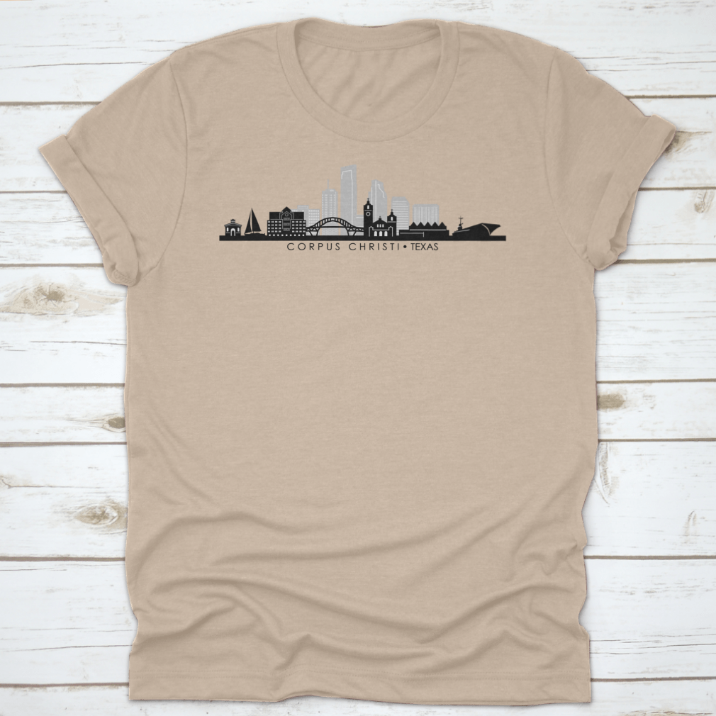 A stylish cotton shirt featuring the silhouette of the Corpus Christi Texas skyline, perfect for business travel and casual wear.