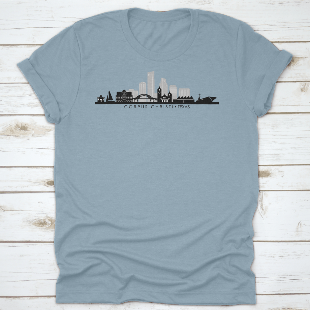 A stylish cotton shirt featuring the silhouette of the Corpus Christi Texas skyline, perfect for business travel and casual wear.