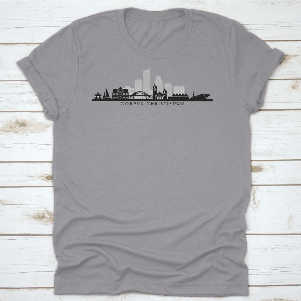 A stylish cotton shirt featuring the silhouette of the Corpus Christi Texas skyline, perfect for business travel and casual wear.