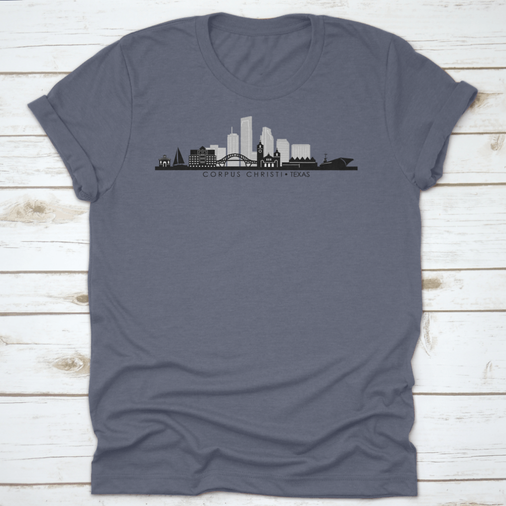 A stylish cotton shirt featuring the silhouette of the Corpus Christi Texas skyline, perfect for business travel and casual wear.