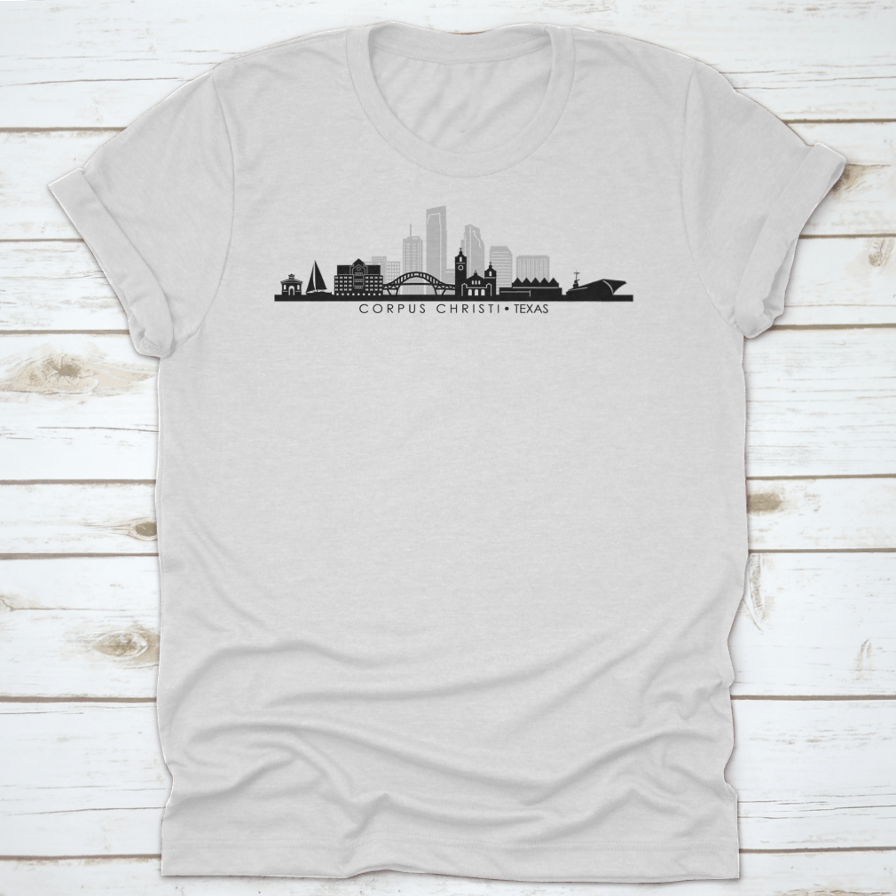 A stylish cotton shirt featuring the silhouette of the Corpus Christi Texas skyline, perfect for business travel and casual wear.