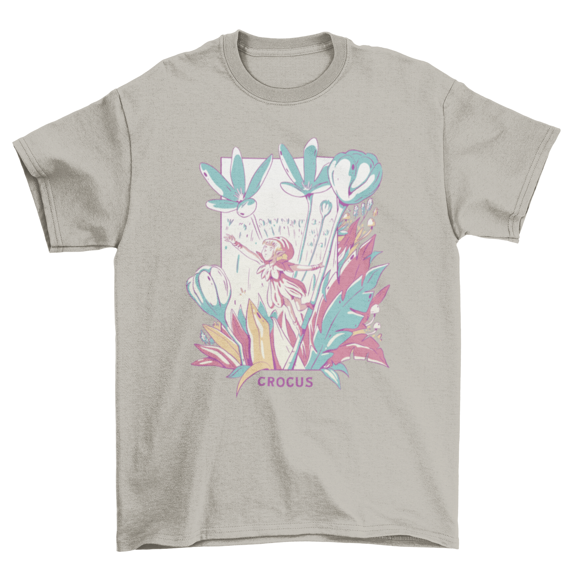 Fantasy fairy t-shirt featuring a fairy surrounded by colorful flowers and the quote 'Crocus'.