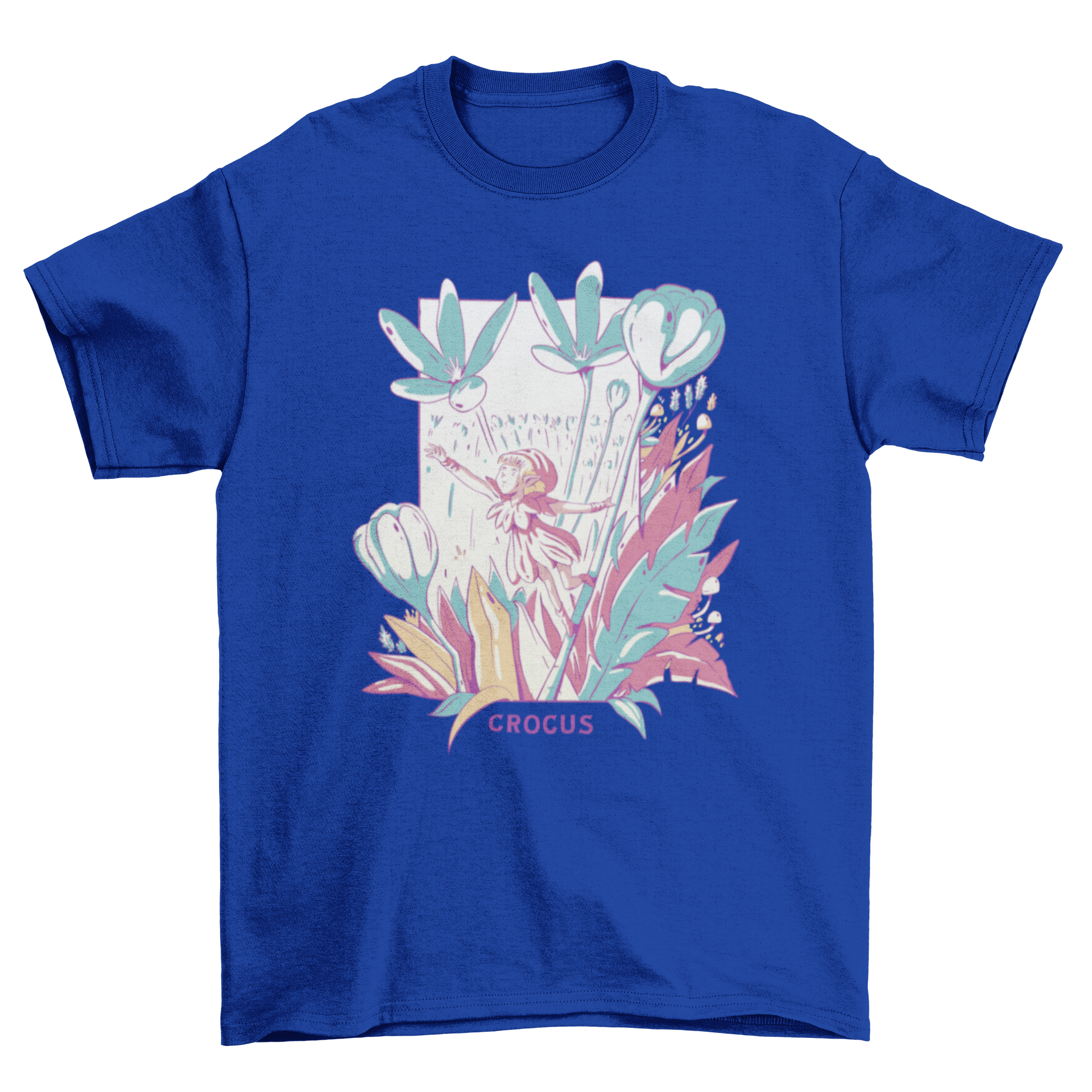 Fantasy fairy t-shirt featuring a fairy surrounded by colorful flowers and the quote 'Crocus'.