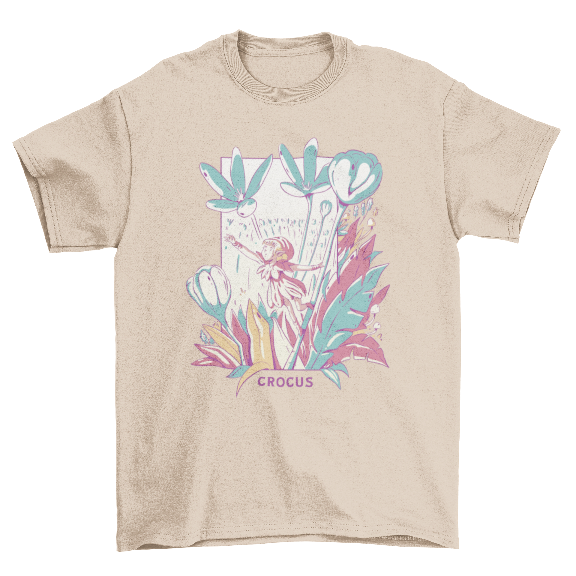 Fantasy fairy t-shirt featuring a fairy surrounded by colorful flowers and the quote 'Crocus'.