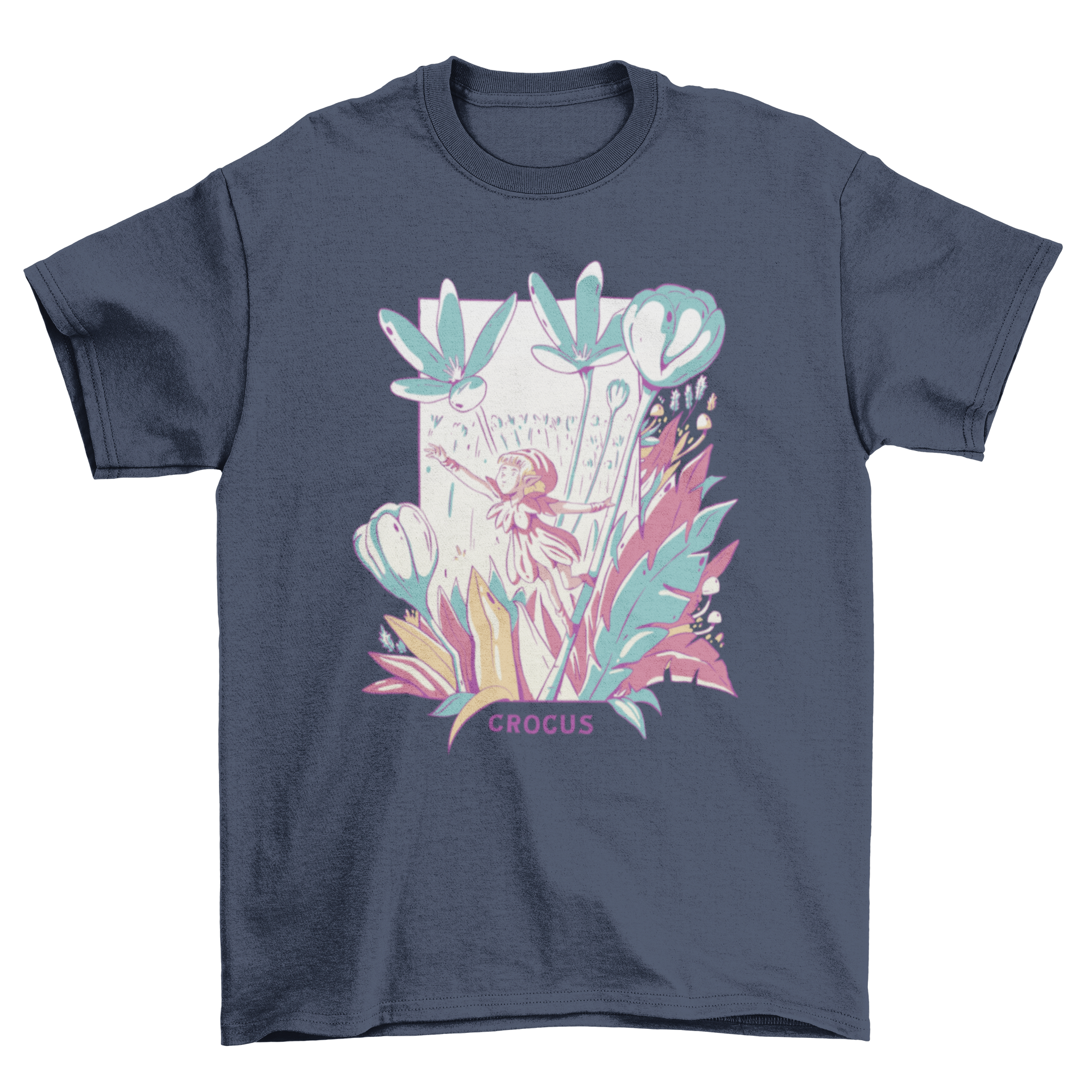 Fantasy fairy t-shirt featuring a fairy surrounded by colorful flowers and the quote 'Crocus'.