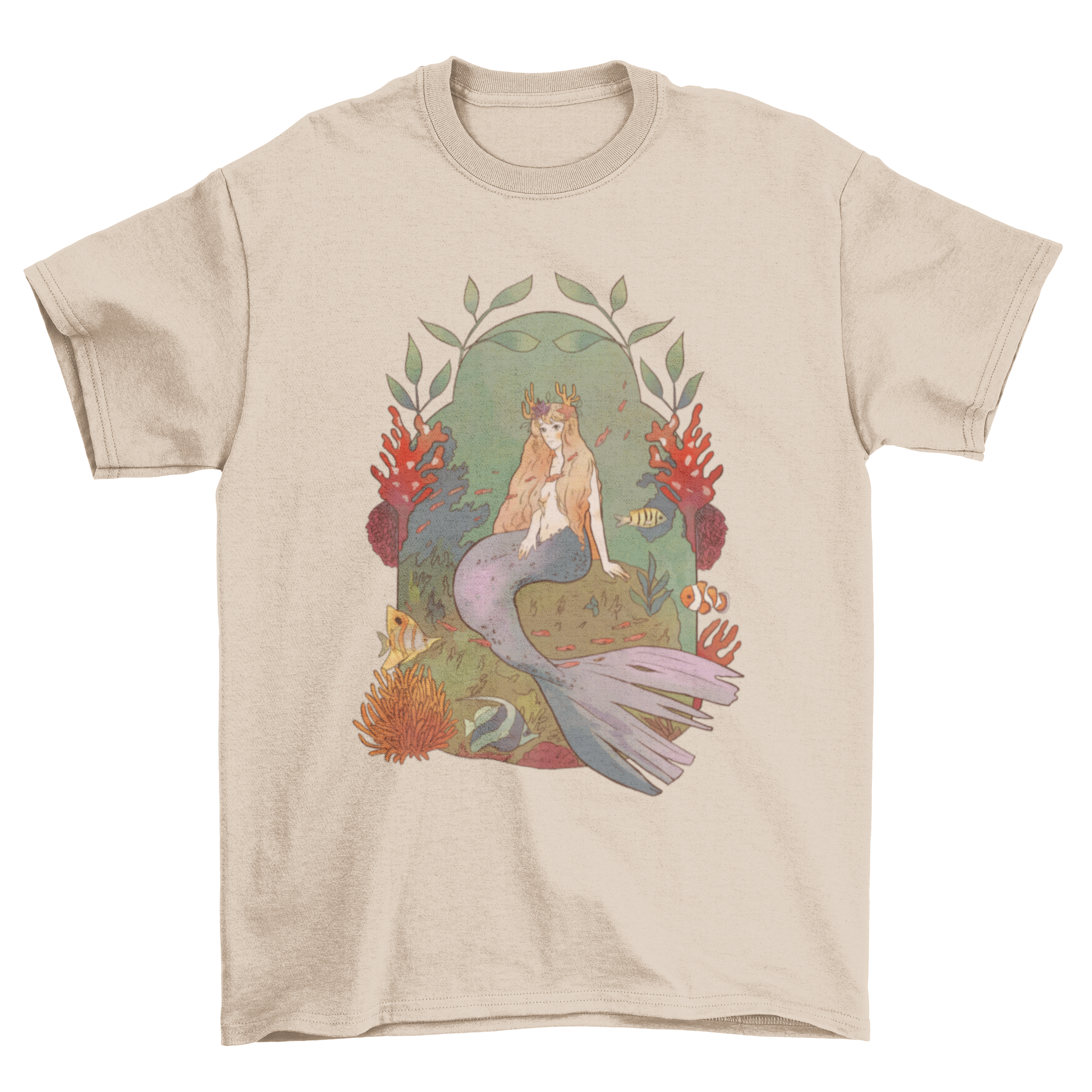 Fantasy mermaid t-shirt featuring a colorful mermaid design swimming in the ocean.