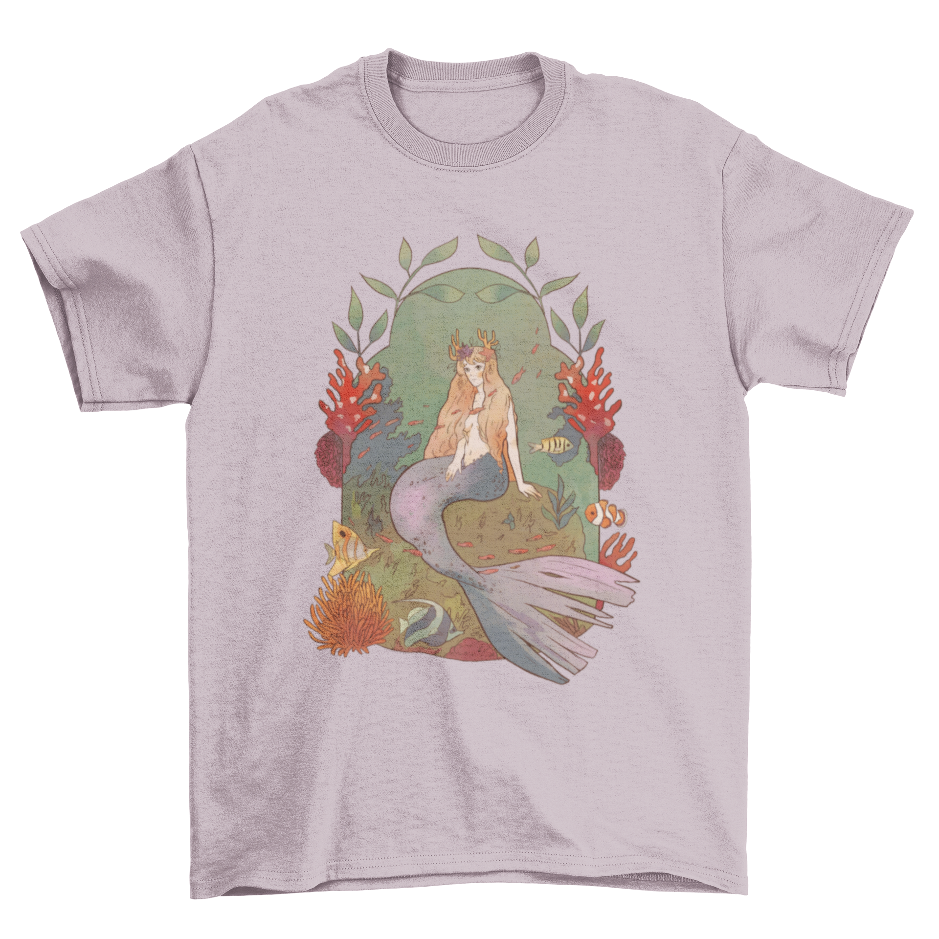 Fantasy mermaid t-shirt featuring a colorful mermaid design swimming in the ocean.