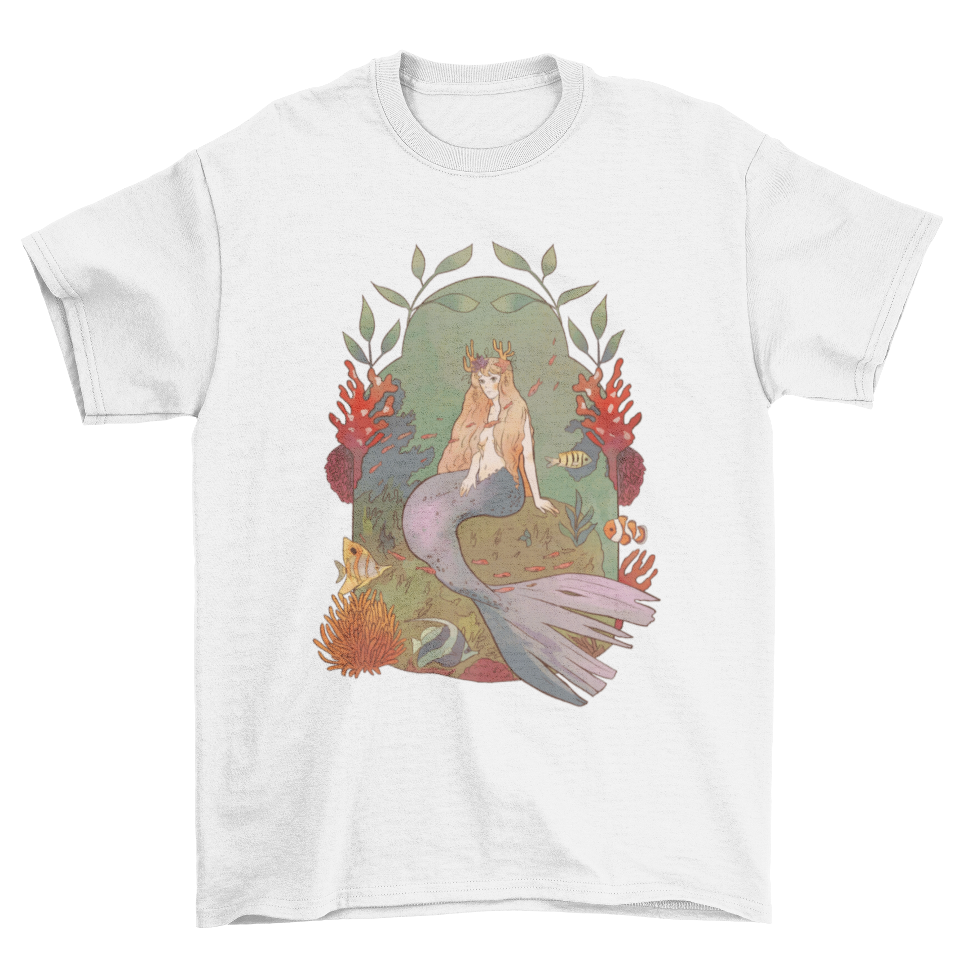 Fantasy mermaid t-shirt featuring a colorful mermaid design swimming in the ocean.