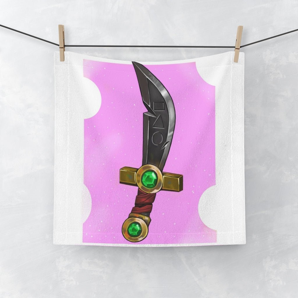 Fantasy Sword Face Towel featuring a vibrant sword design on a soft polyester front and absorbent cotton back.