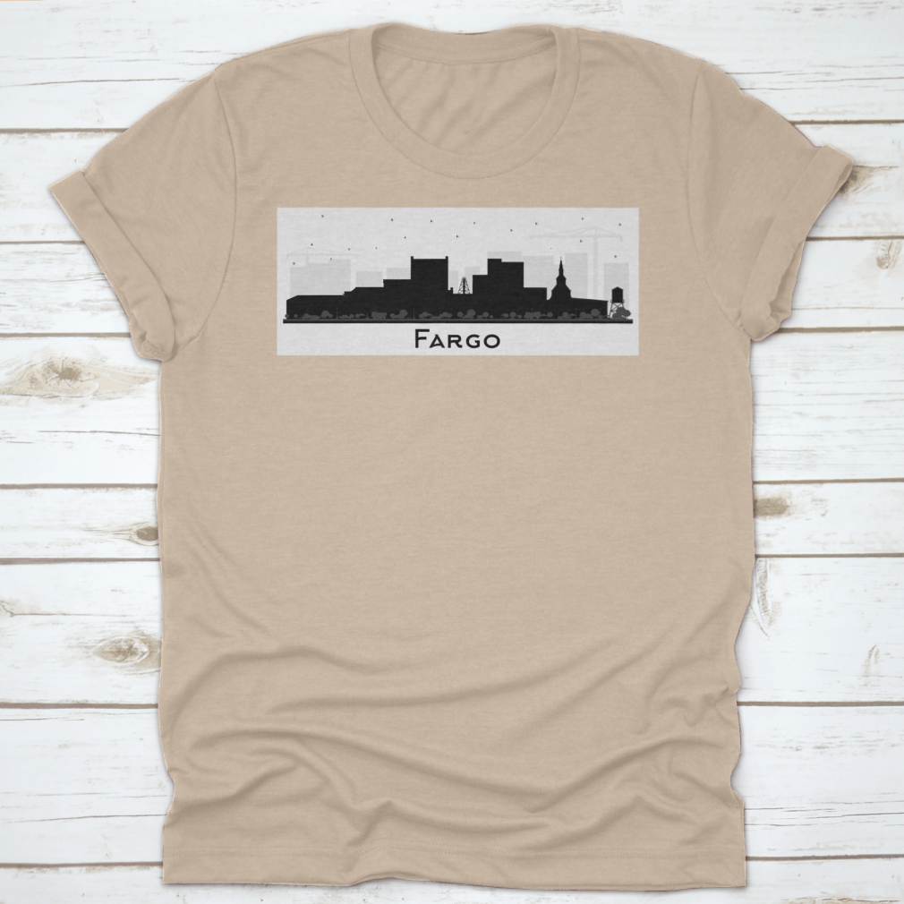 Fargo North Dakota city skyline silhouette featuring black buildings against a light background, showcasing urban architecture.