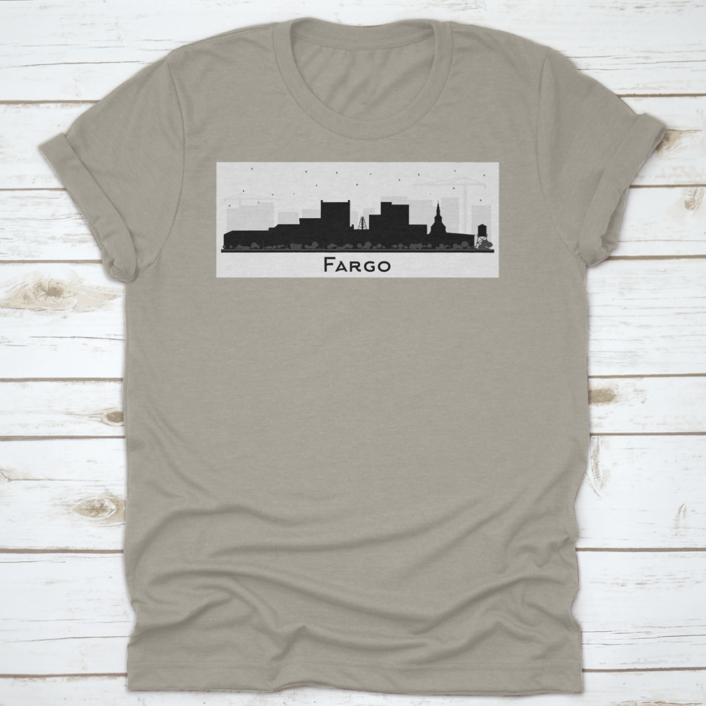 Fargo North Dakota city skyline silhouette featuring black buildings against a light background, showcasing urban architecture.