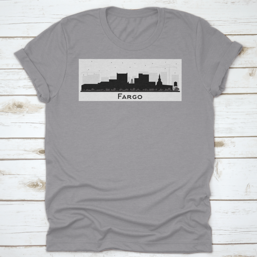 Fargo North Dakota city skyline silhouette featuring black buildings against a light background, showcasing urban architecture.