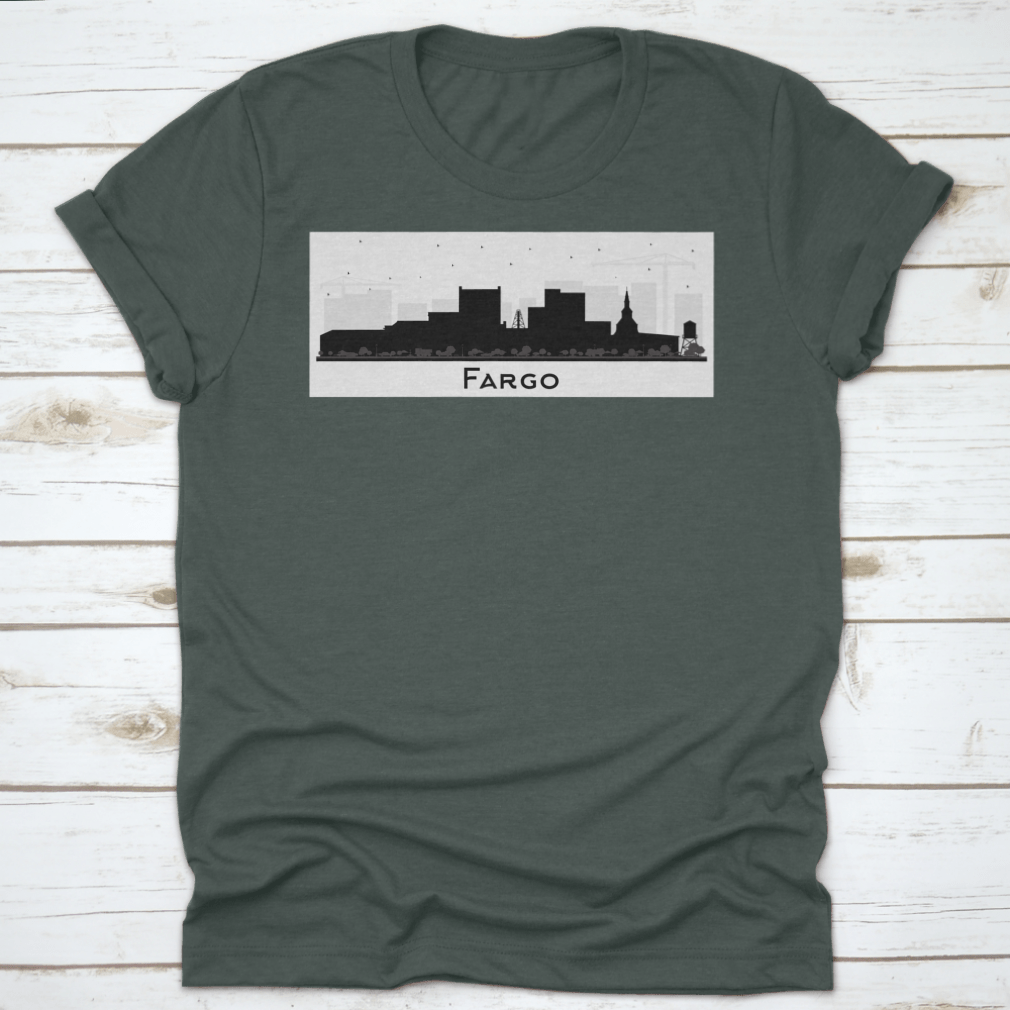 Fargo North Dakota city skyline silhouette featuring black buildings against a light background, showcasing urban architecture.