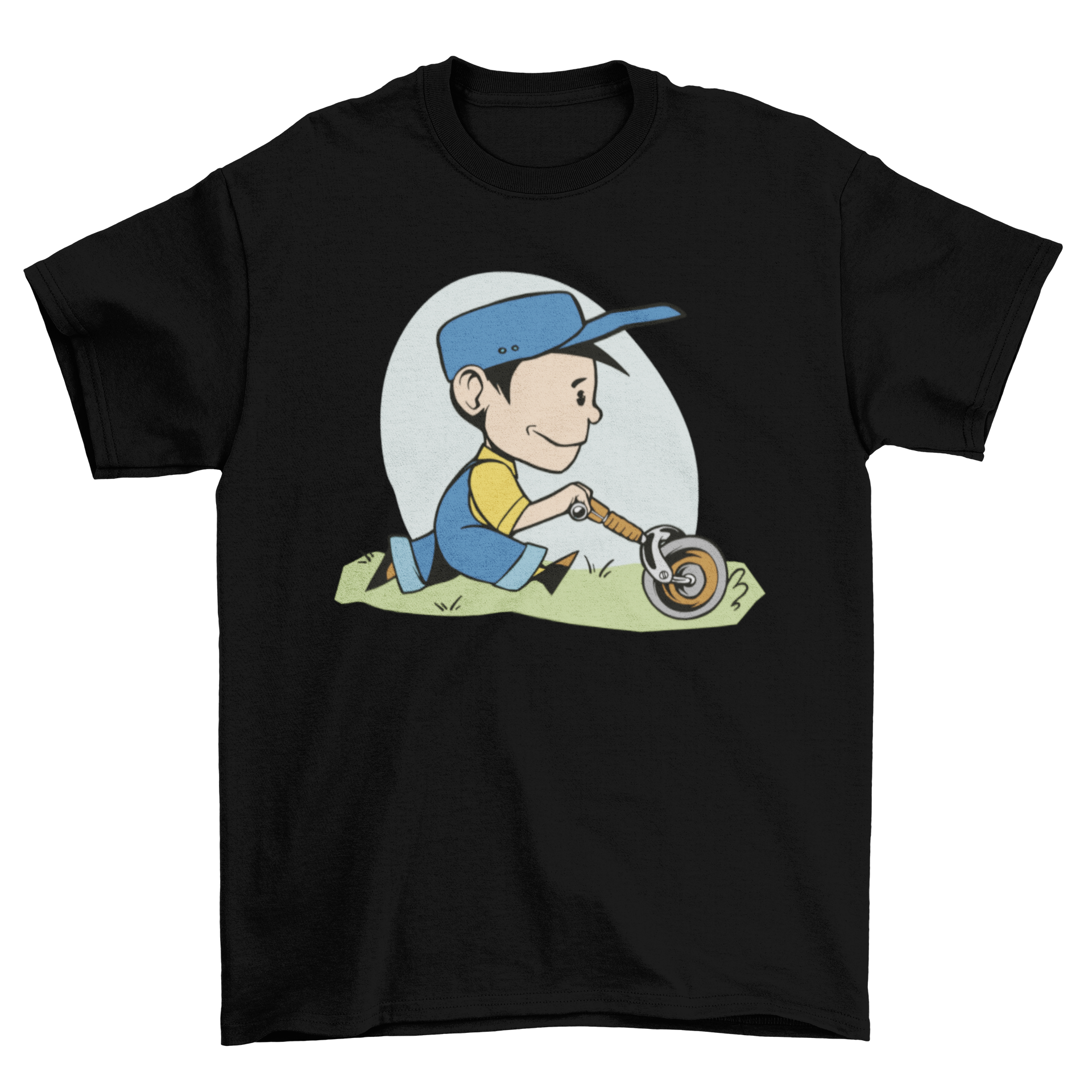 A colorful T-shirt featuring a cartoon of a farm boy mowing grass, showcasing a playful design.