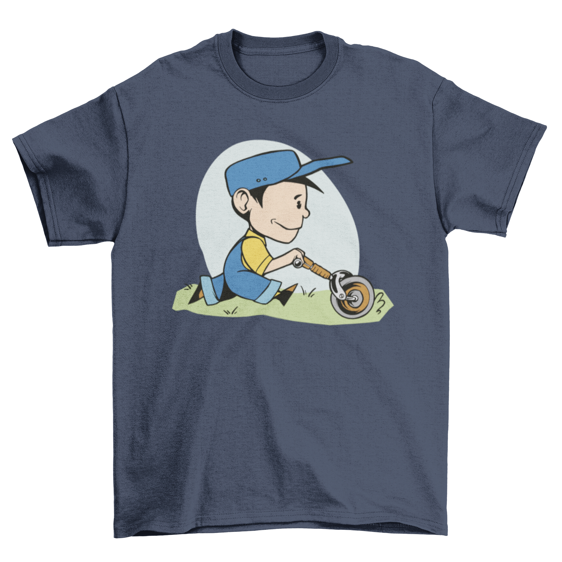 A colorful T-shirt featuring a cartoon of a farm boy mowing grass, showcasing a playful design.