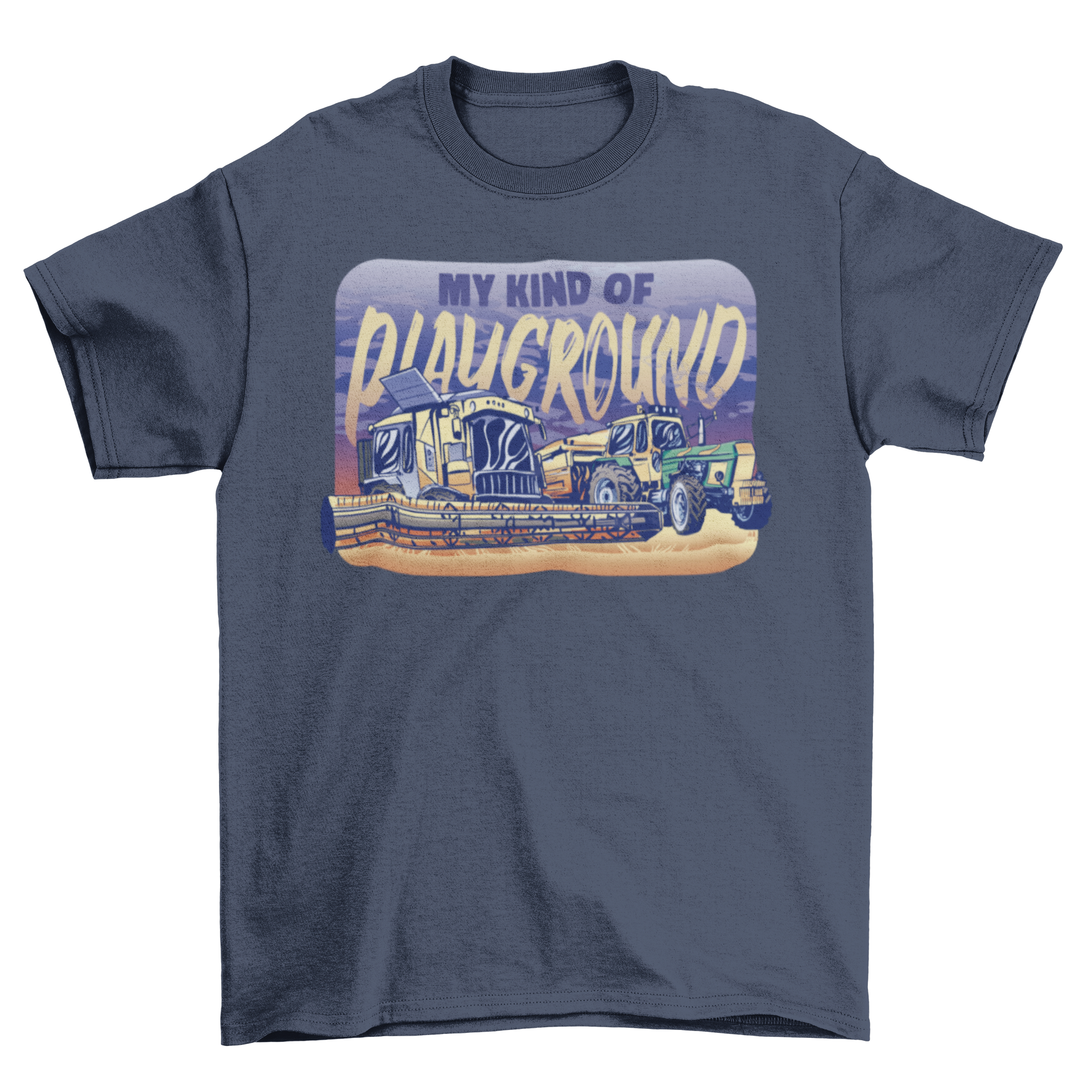 A stylish t-shirt featuring two colorful tractors and the quote 'My kind of playground', perfect for farming enthusiasts.