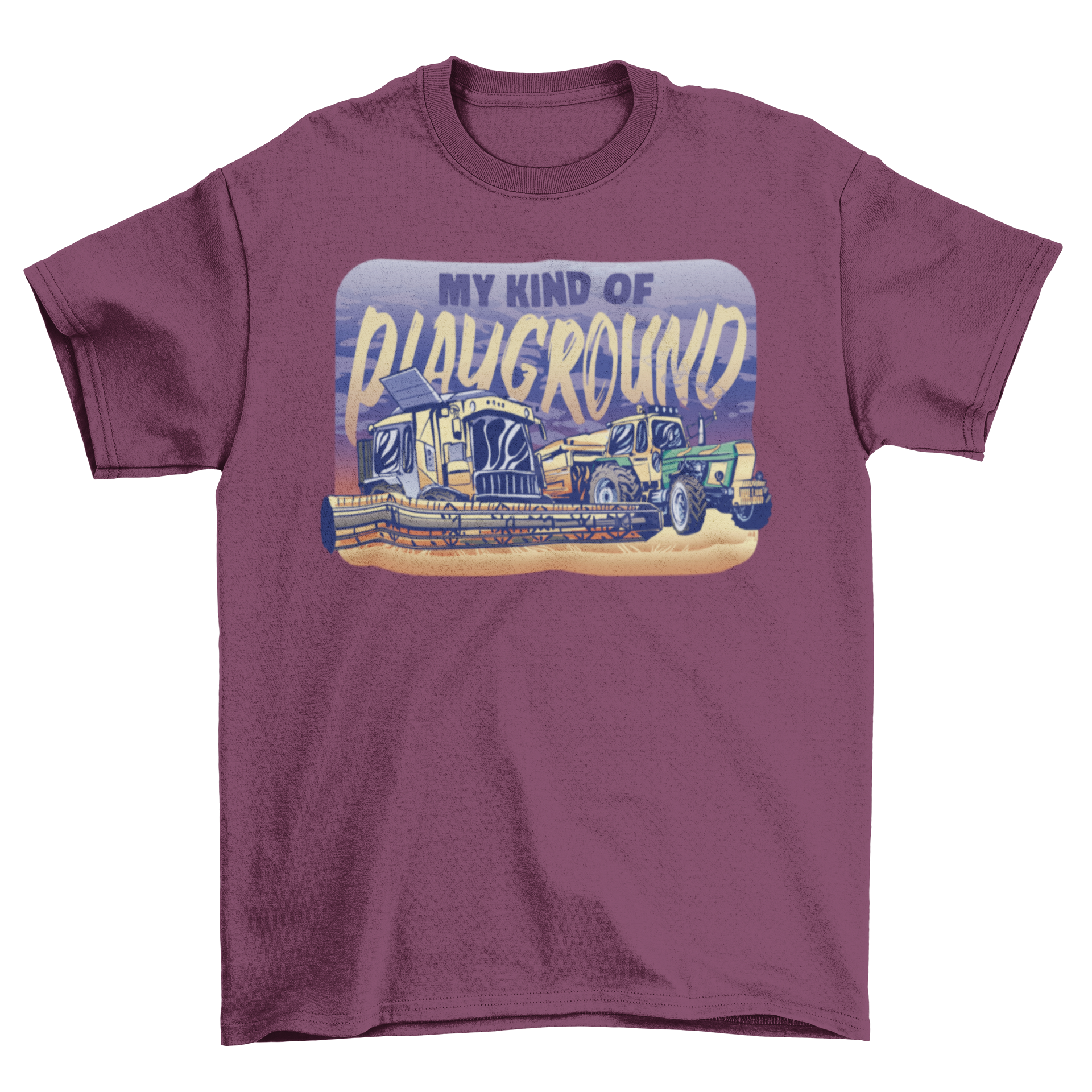 A stylish t-shirt featuring two colorful tractors and the quote 'My kind of playground', perfect for farming enthusiasts.