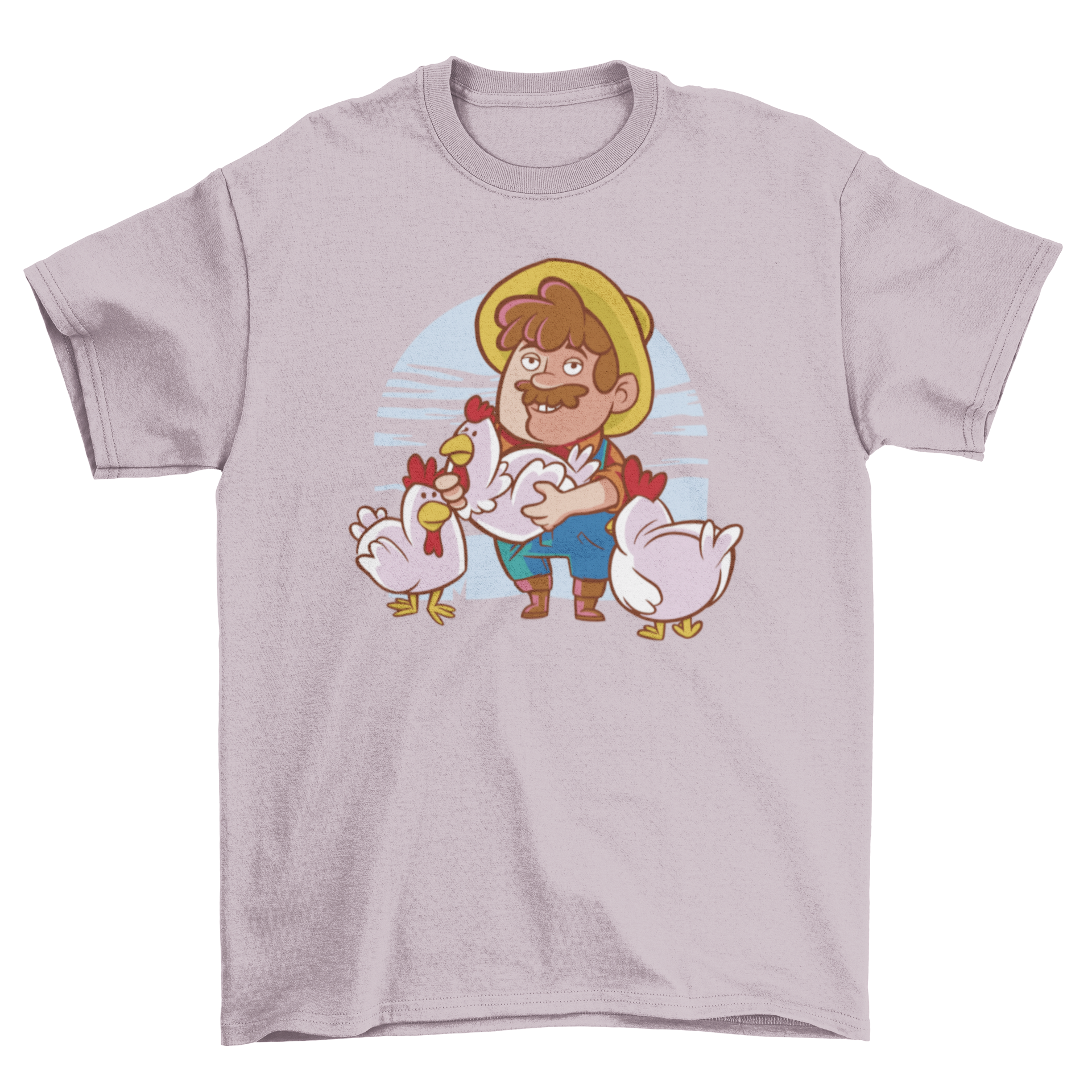 A stylish t-shirt featuring a farmer surrounded by chickens, showcasing a vibrant farming theme.