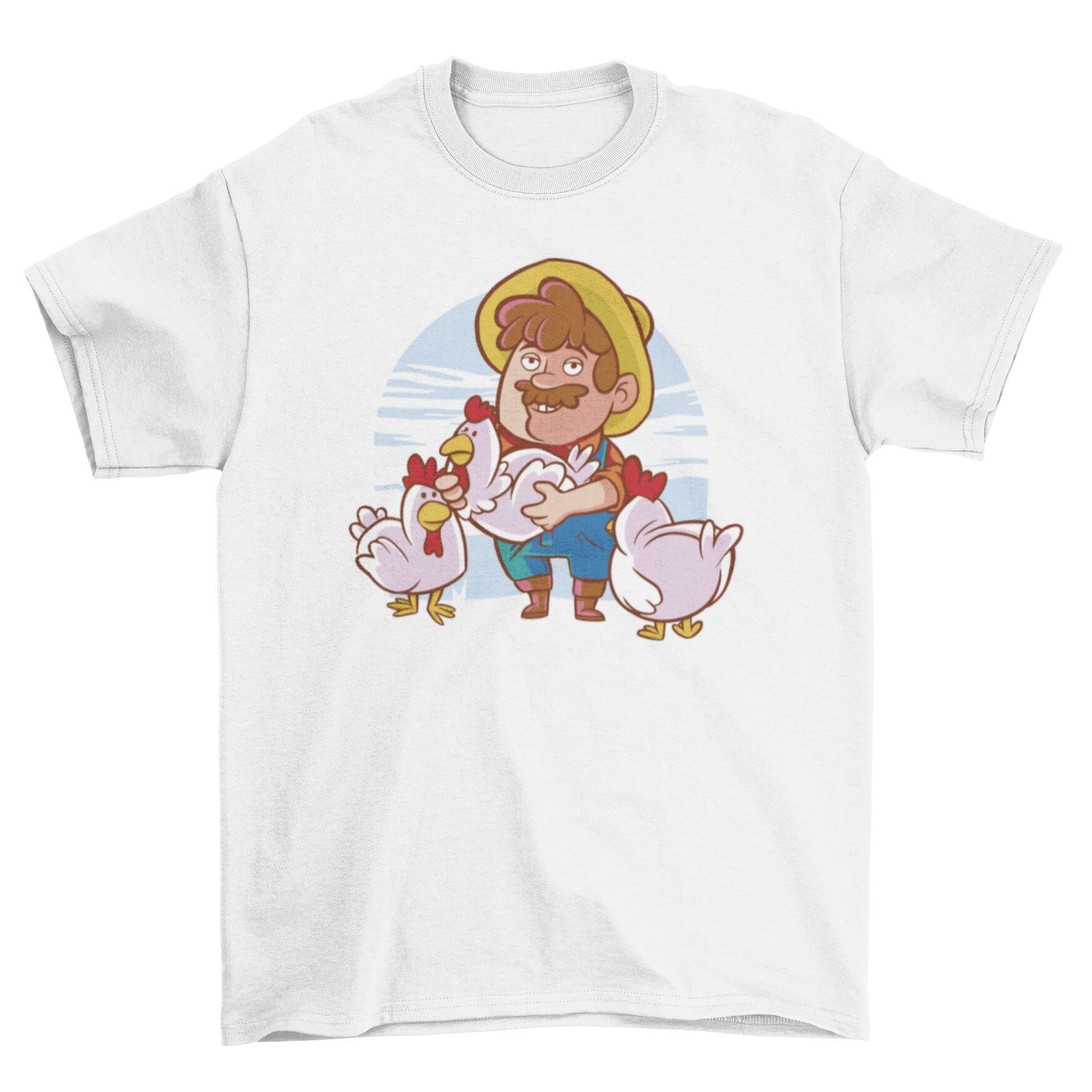 A stylish t-shirt featuring a farmer surrounded by chickens, showcasing a vibrant farming theme.