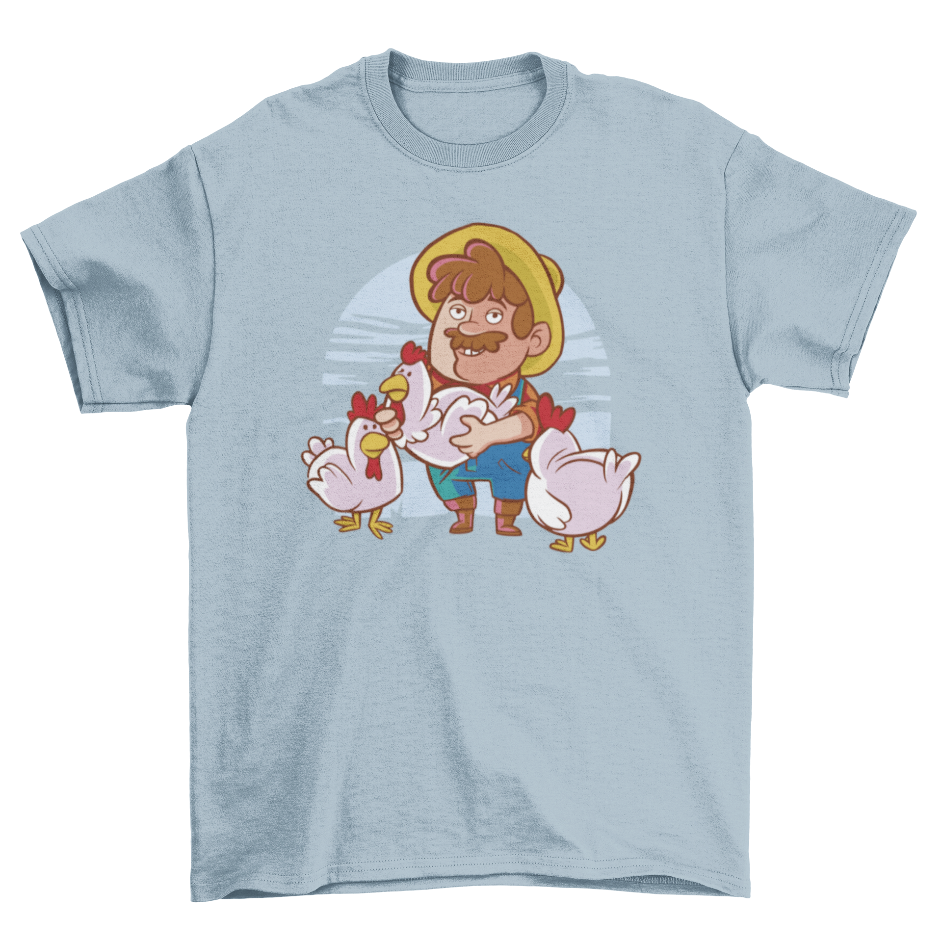 A stylish t-shirt featuring a farmer surrounded by chickens, showcasing a vibrant farming theme.