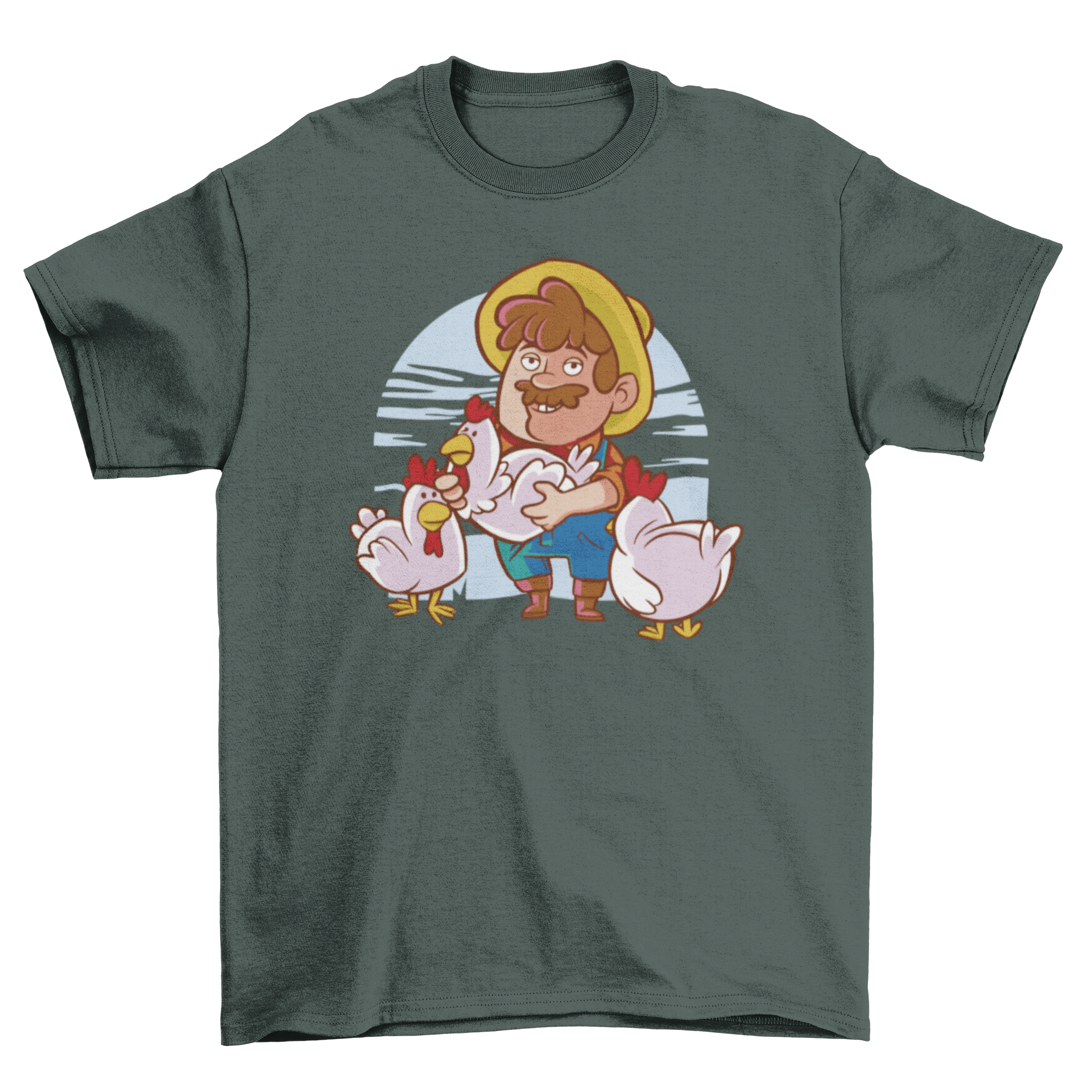 A stylish t-shirt featuring a farmer surrounded by chickens, showcasing a vibrant farming theme.