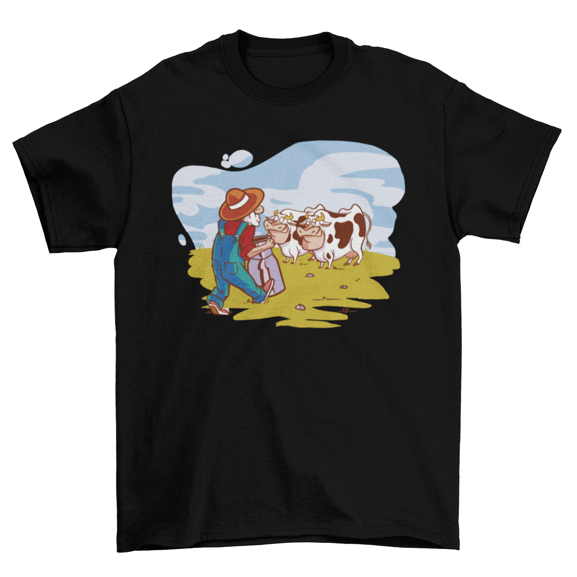 A cartoon t-shirt featuring a cheerful farmer and two cows, showcasing a fun and vibrant farming design.