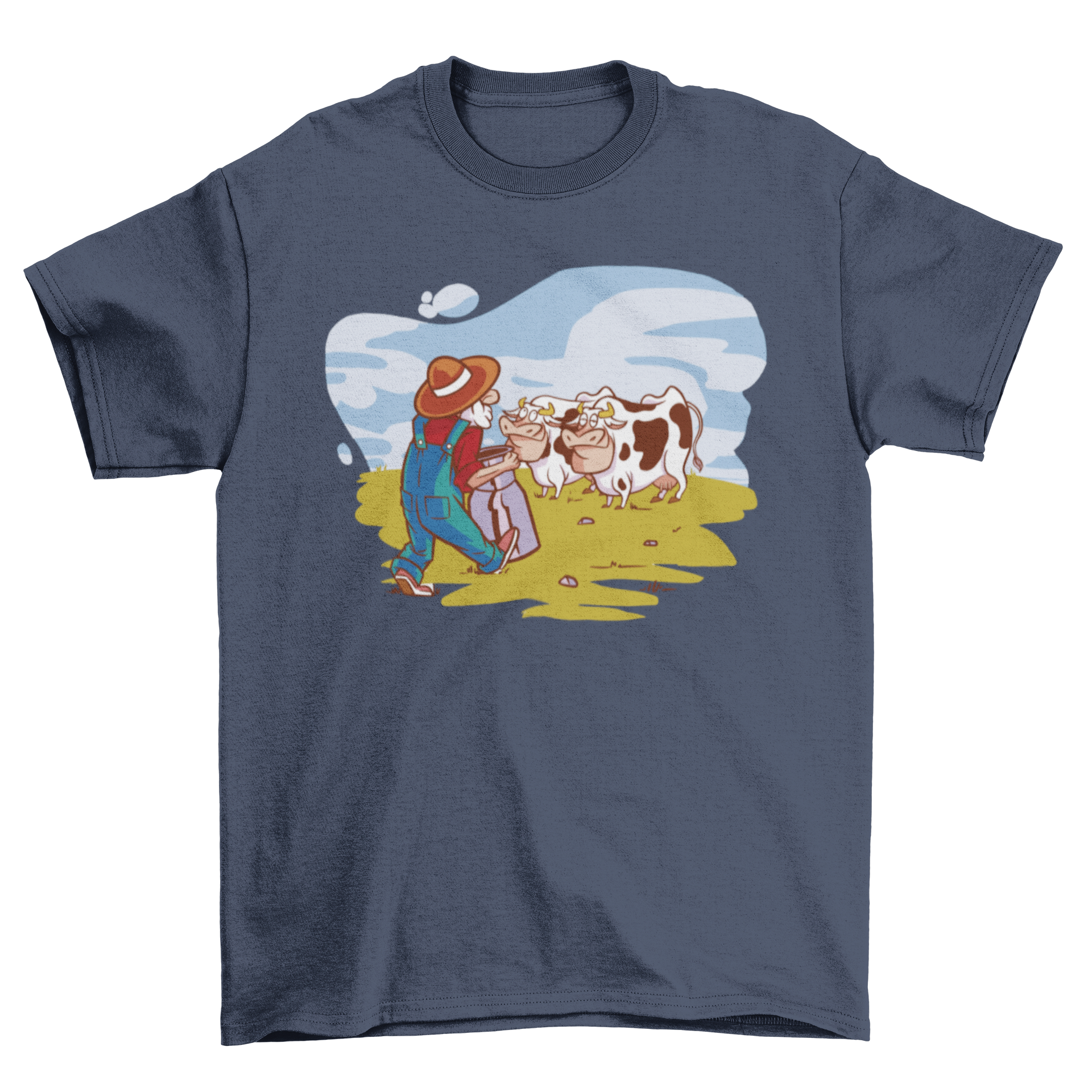 A cartoon t-shirt featuring a cheerful farmer and two cows, showcasing a fun and vibrant farming design.