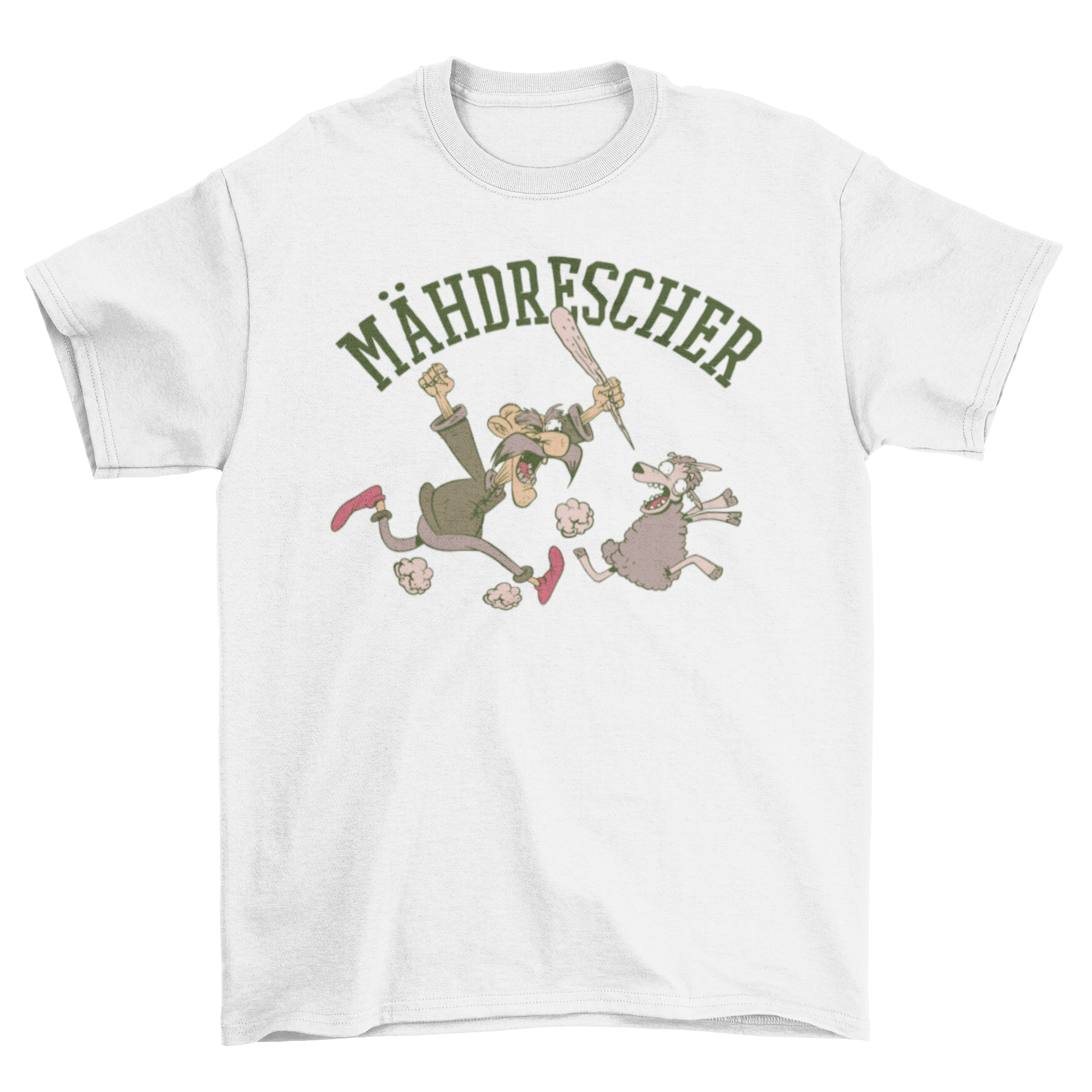 A humorous t-shirt featuring a farmer chasing a sheep with a bat, showcasing the word 'Mähdrescher' in a playful design.