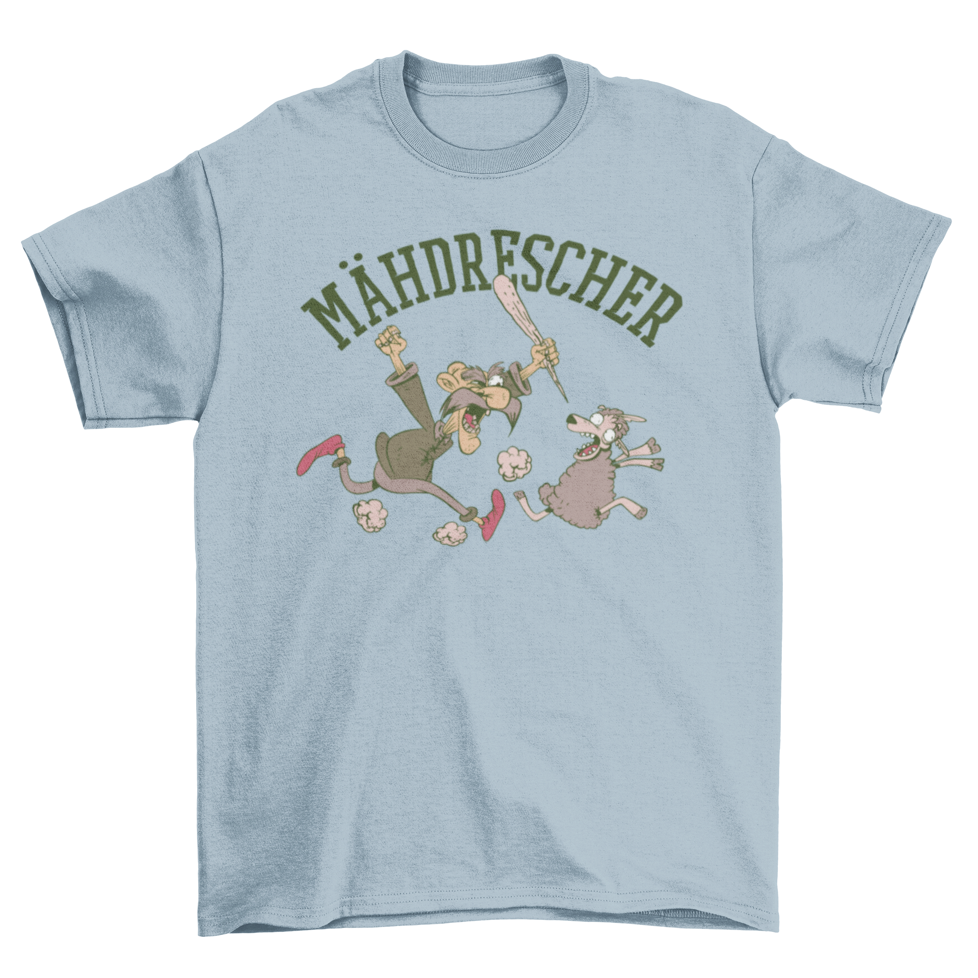 A humorous t-shirt featuring a farmer chasing a sheep with a bat, showcasing the word 'Mähdrescher' in a playful design.