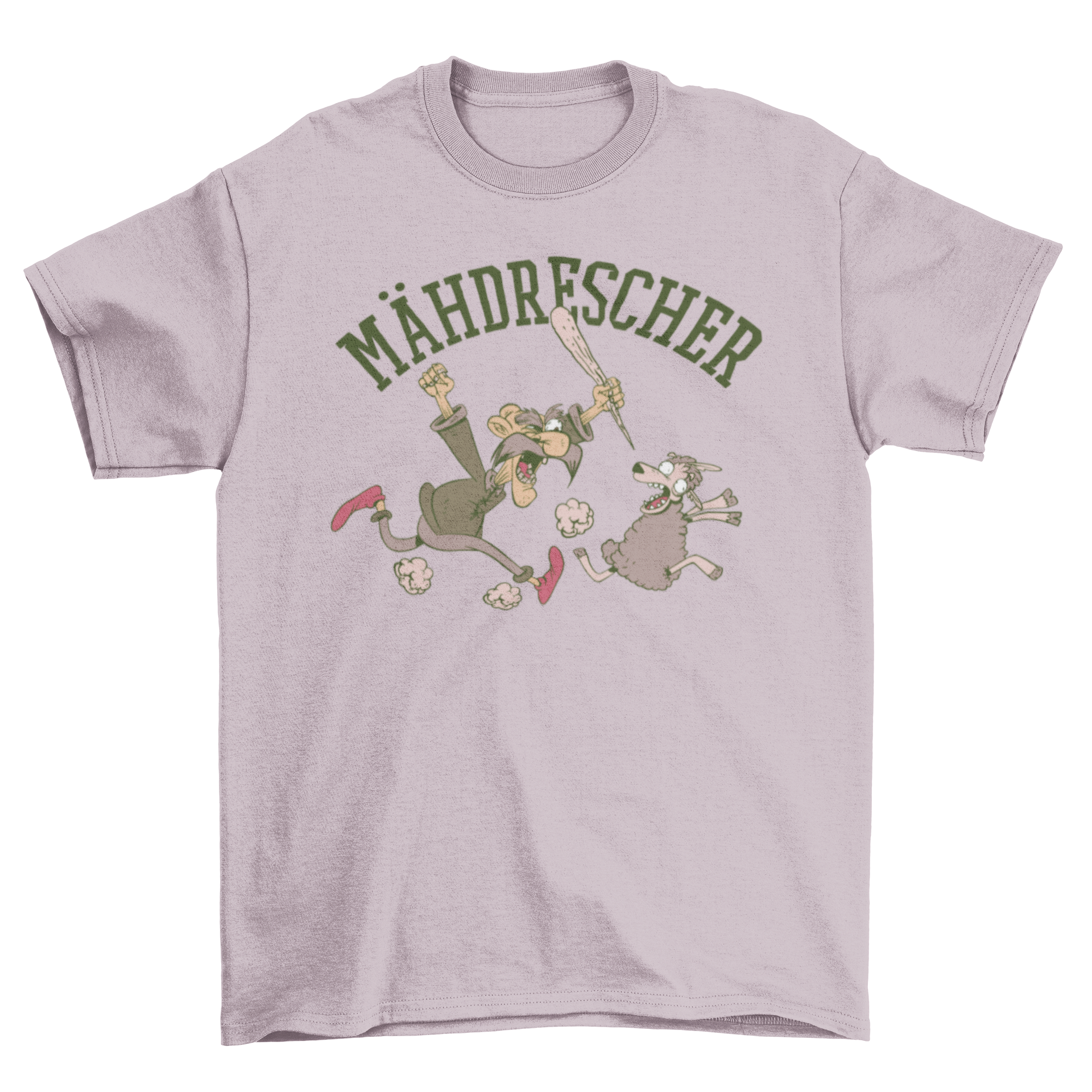 A humorous t-shirt featuring a farmer chasing a sheep with a bat, showcasing the word 'Mähdrescher' in a playful design.